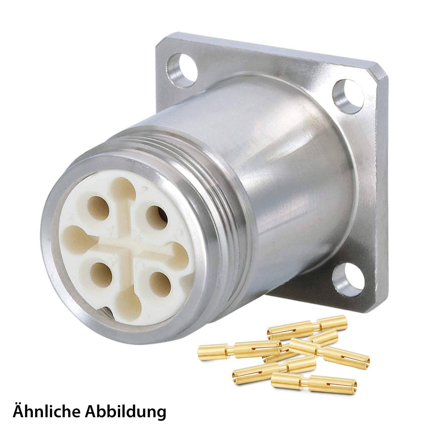 Ein Edelstahl-Rundstecker mit fünf goldfarben Stiften und einem quadratischen Flansch. Text lautet: Ähnliche Abbildung.