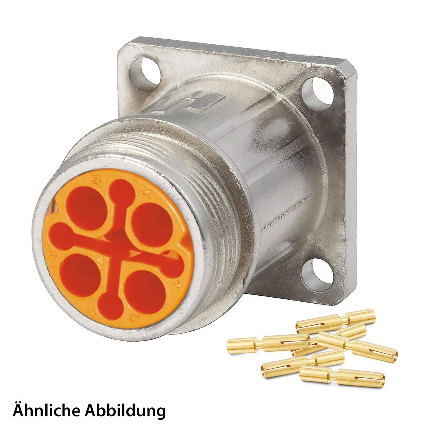Vier-poliger Rundsteckverbinder mit Metallgehäuse und oranger Frontplatte, montiert auf einer quadratischen Basis. Enthält separate Goldkontakte.