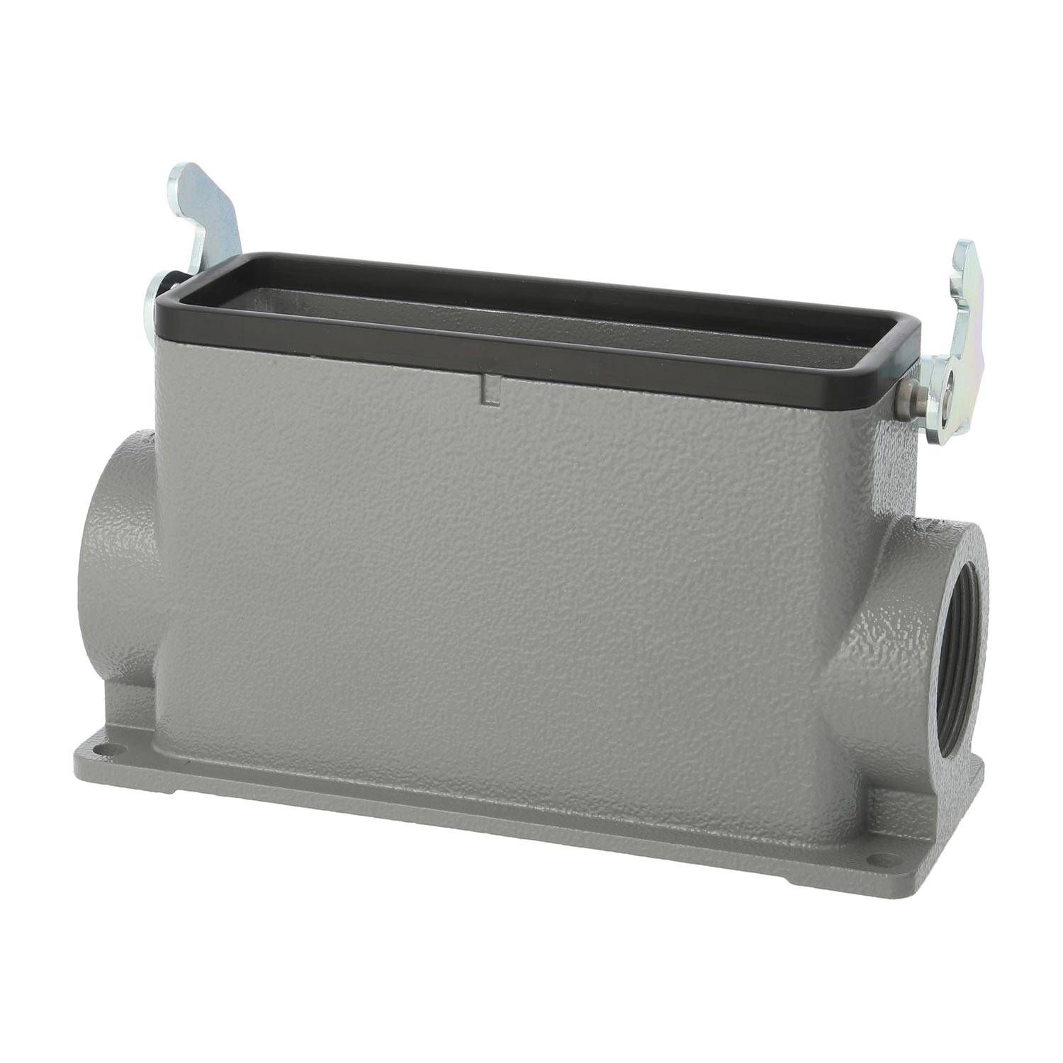 Graues rechteckiges Elektrogehäuse mit zwei seitlichen Öffnungen und Verriegelungen oben, verwendet zum Anschließen und Schutz von elektrischen Komponenten.