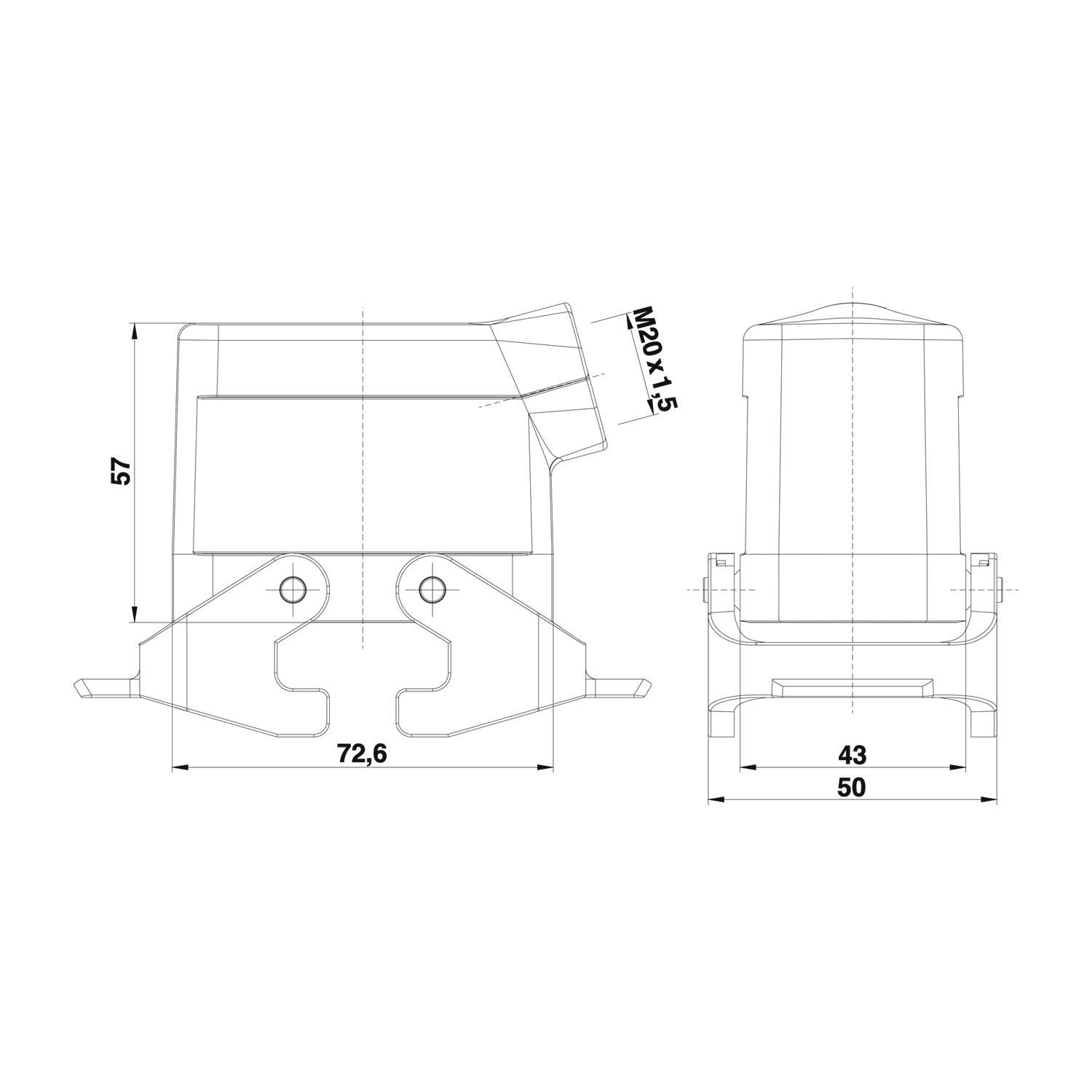 Technische Zeichnung einer mechanischen Komponente mit Vorder- und Seitenansicht mit Abmessungen: 72,6 mm Breite, 57 mm Höhe und M20x1,5 Gewinde.