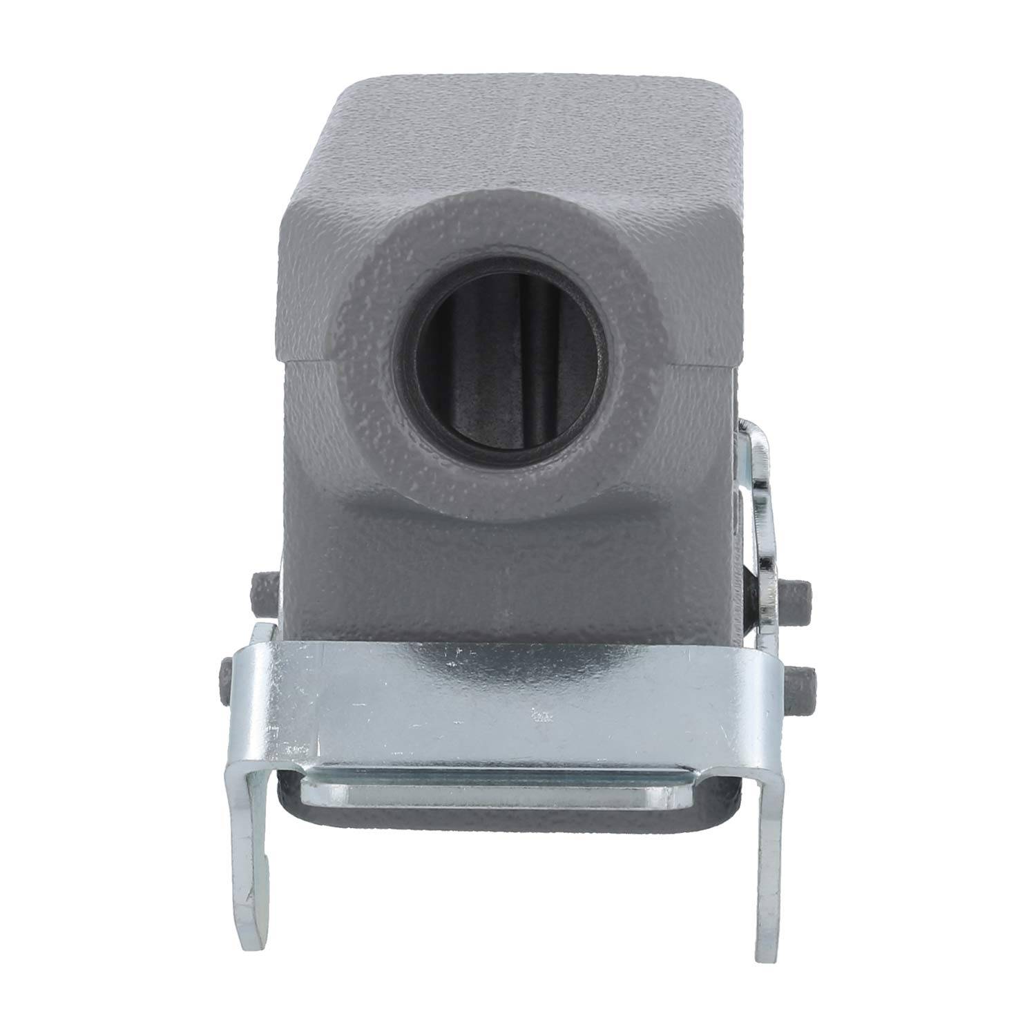 Graue, rechteckige Industrievorrichtung mit einer kreisförmigen Öffnung, die durch eine Metallhalterung gesichert ist, wahrscheinlich zur Kabel- oder Rohrleitungsverbindung verwendet.