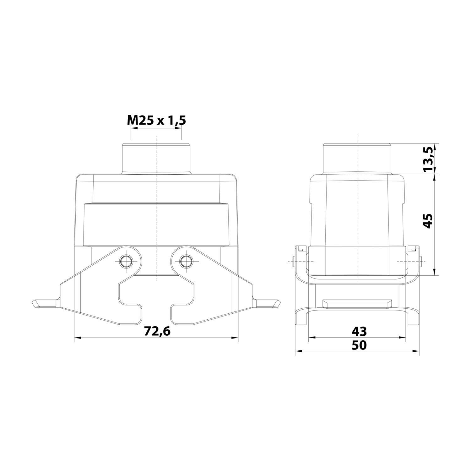 Technische Zeichnung eines zylindrischen Bauteils mit Abmessungen. Frontansicht: Breite 72,6 mm, Höhe 45 mm. Seitenansicht: Tiefe 50 mm. Gewinde oben beschriftet mit 'M25 x 1,5'.