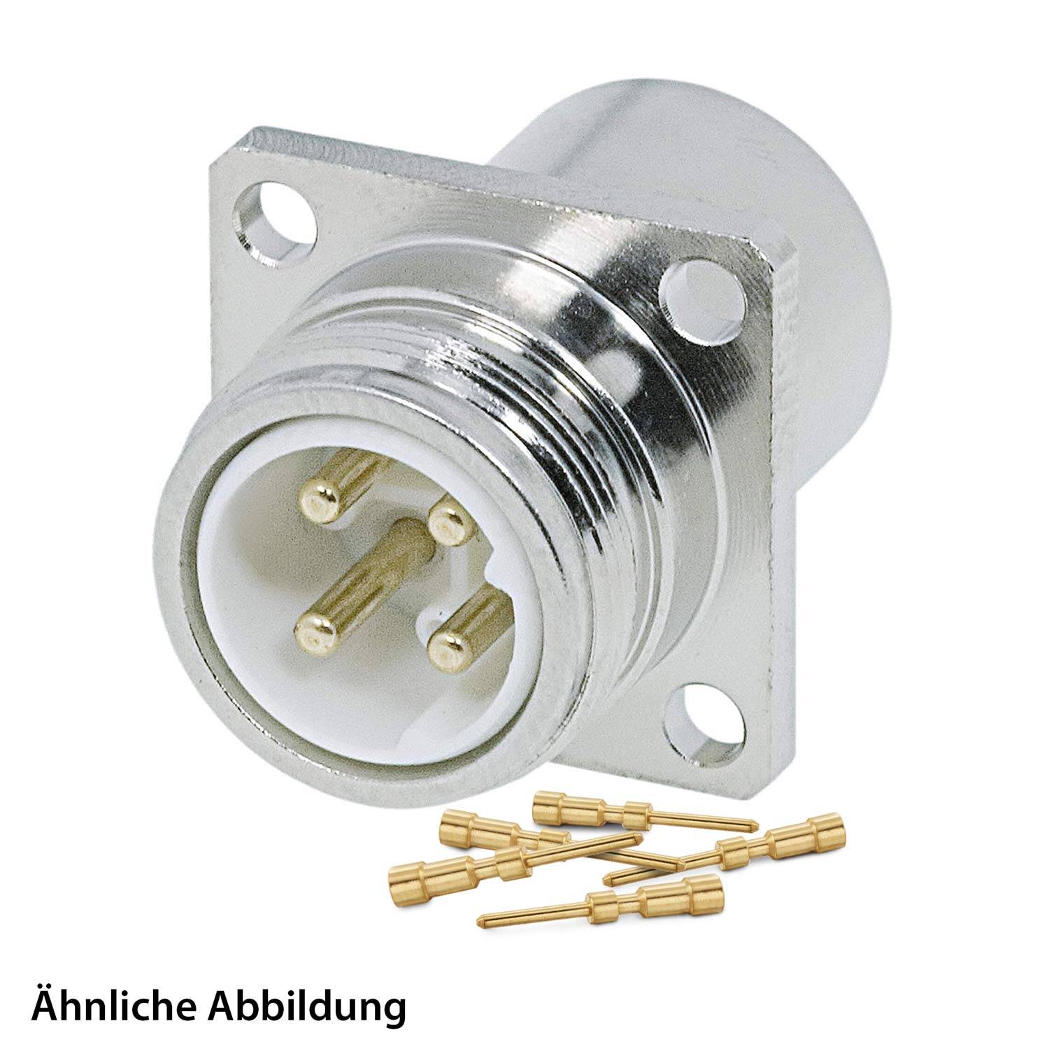 Ein silberner kreisförmiger elektrischer Anschluss mit vier goldenen Stiften wird zusammen mit einzeln dargestellten kleinen goldenen Stiften gezeigt.