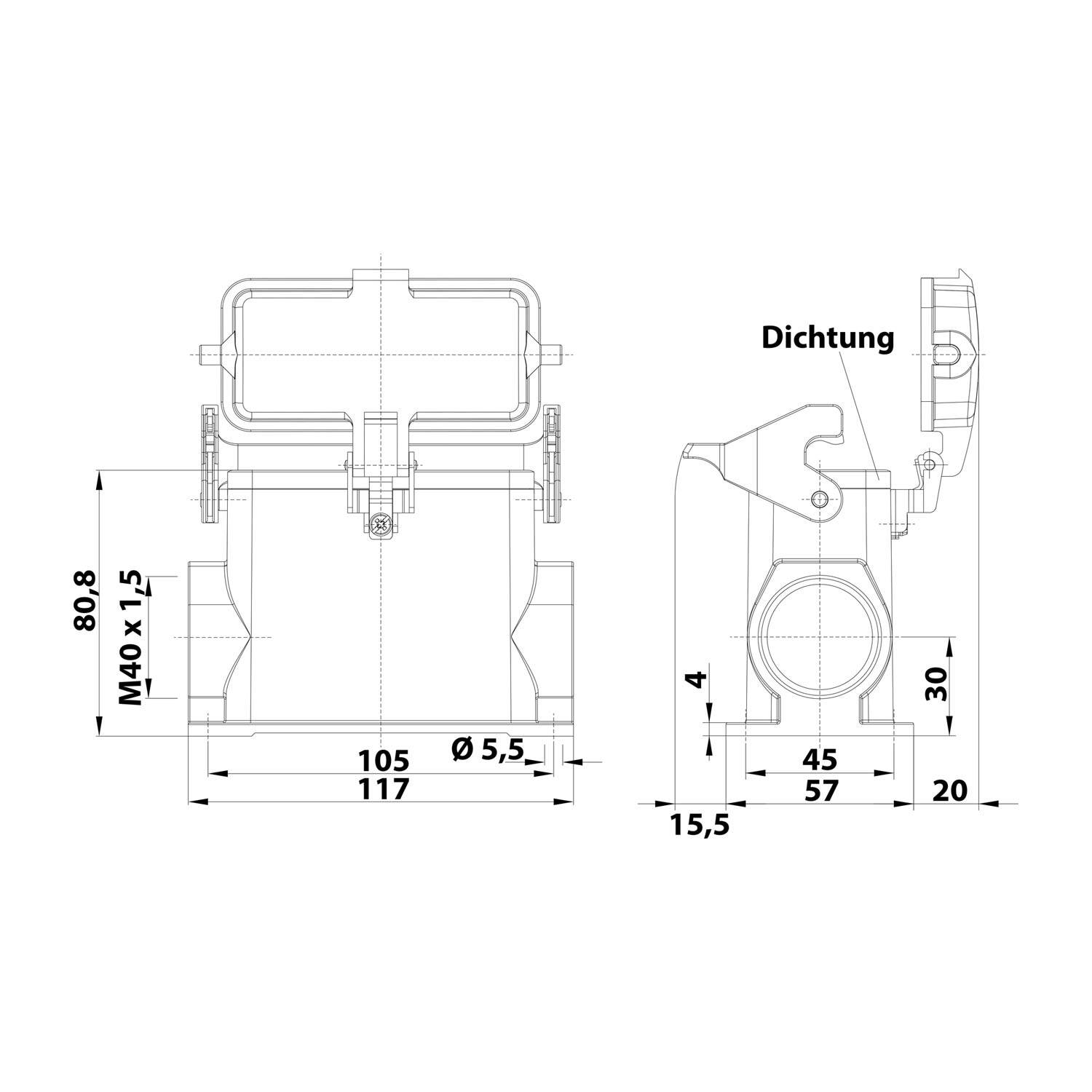 05300160282 HARTING Han 16B Sockelgehäuse hoch, 1xM40 seitlicher Kabelabgang, mit 1 Längsbügel mit Schutzkappe