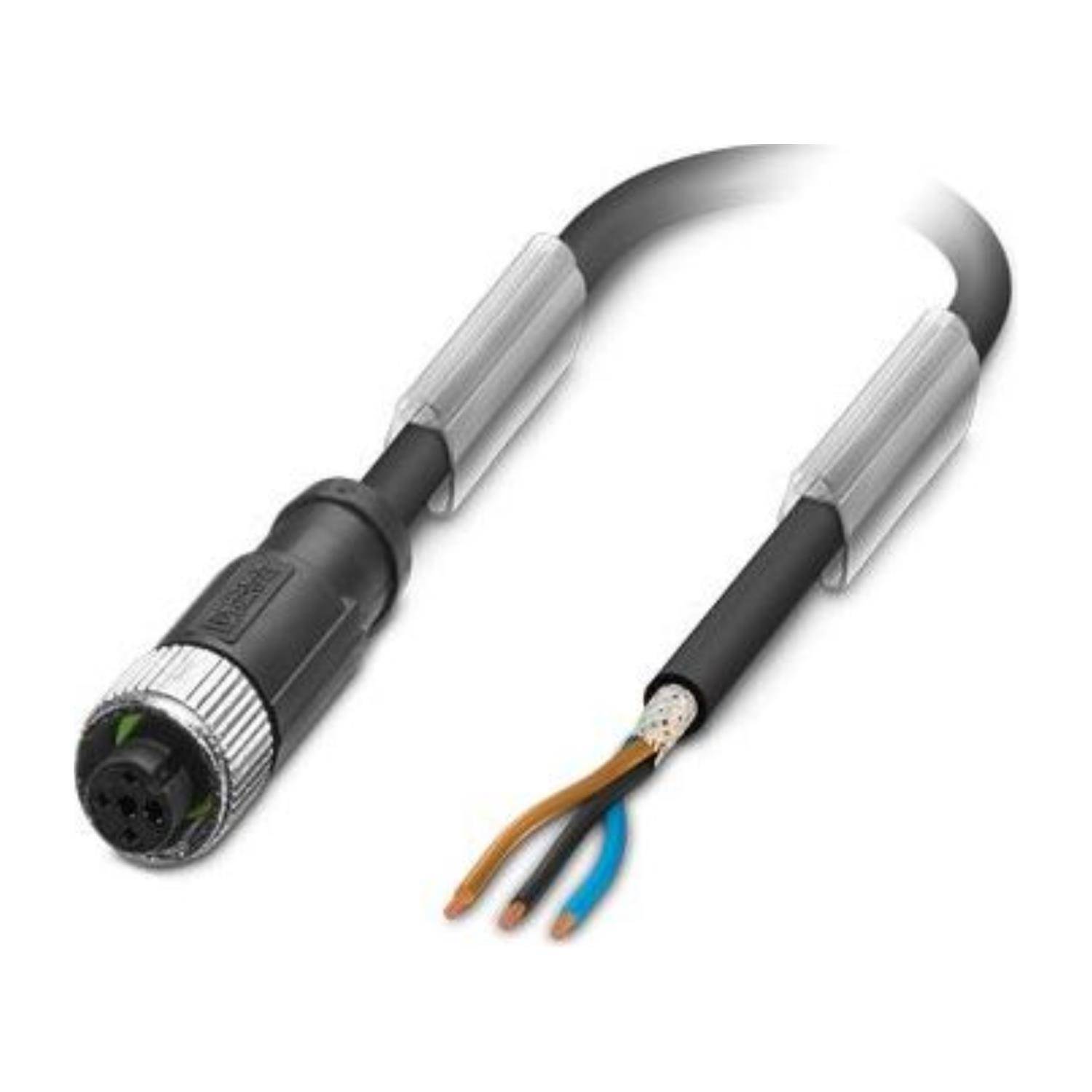 Ein schwarzes Elektrokabel mit einem kreisförmigen Anschluss an einem Ende und vier freigelegten Drähten am anderen Ende, jeder in einer anderen Farbe.