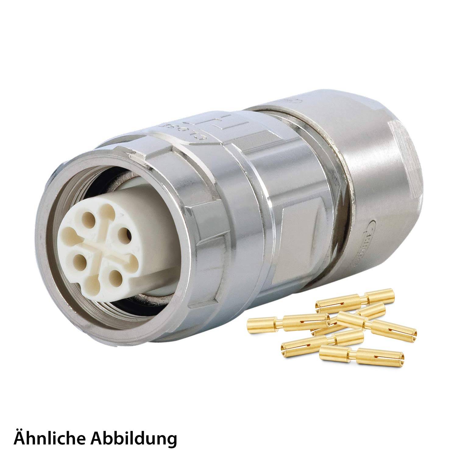 Ein silberner industrieller Verbinder mit einer zylindrischen Form und mehreren Steckplätzen für Stifte, begleitet von einigen kleinen Goldstiften.
