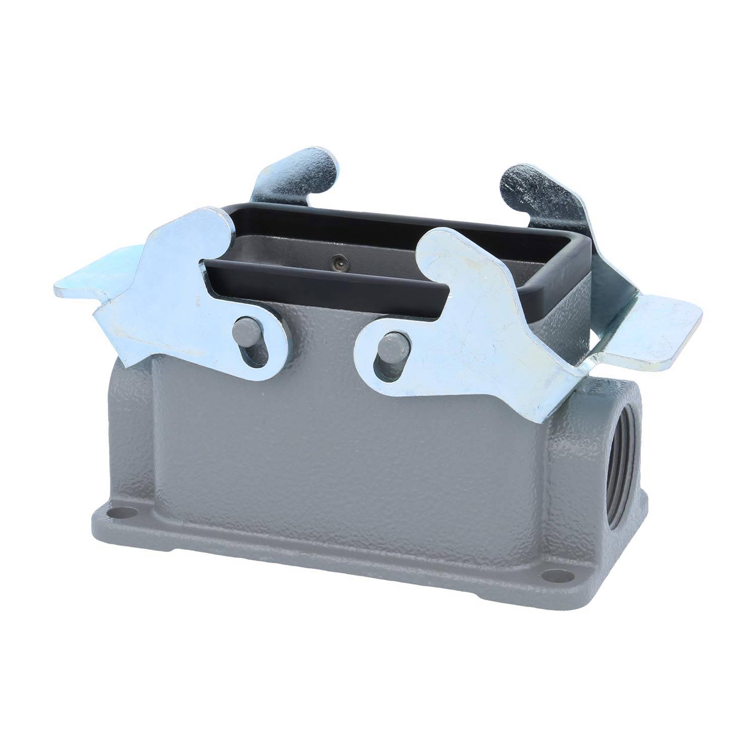 Metallisches rechteckiges elektrisches Anschlussgehäuse mit Montageflansche und zwei verstellbaren Klemmhebeln, verwendet für sichere Verbindungen.