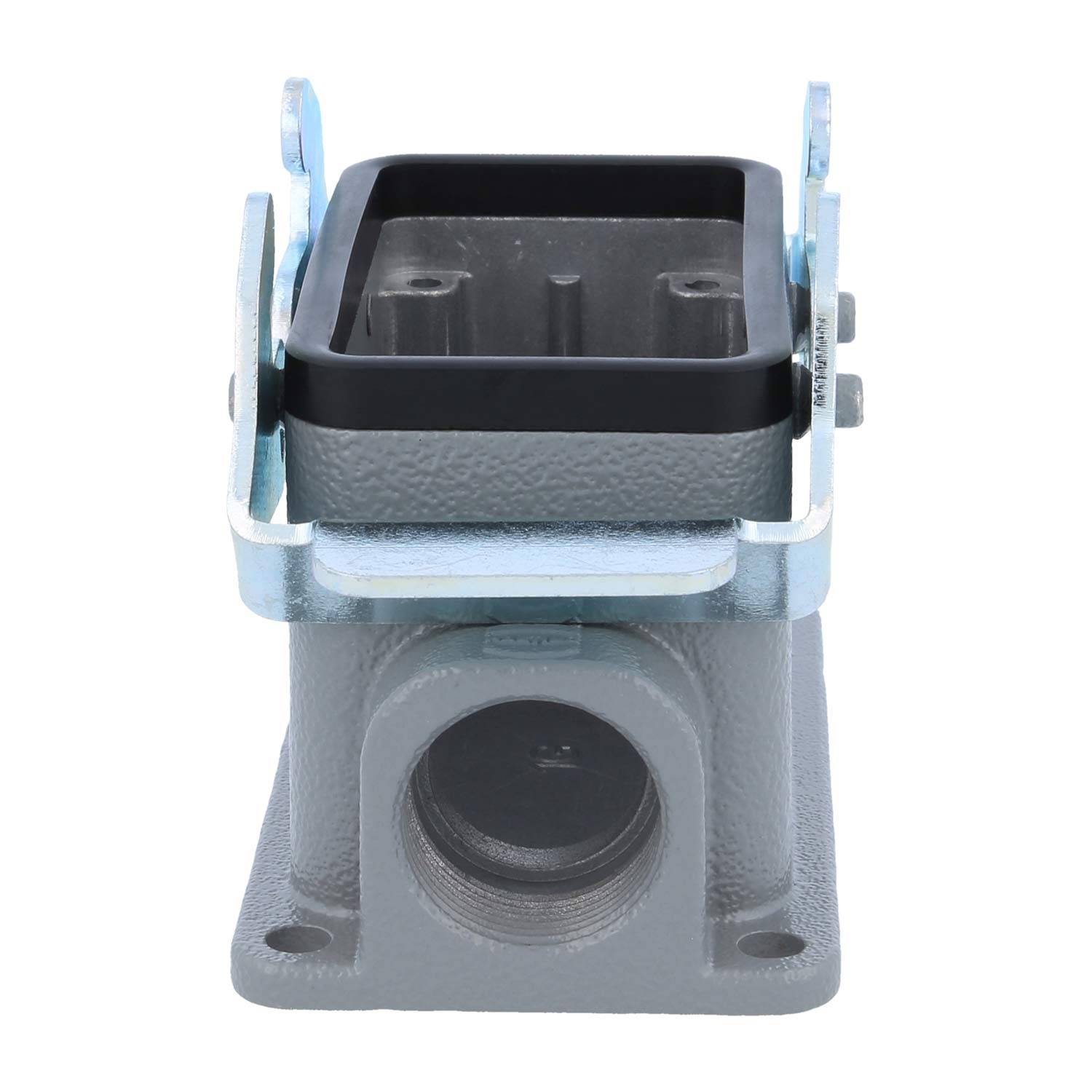 Eine rechteckige Metallgehäusekomponente mit Nut und Befestigungslöchern, verwendet für elektrische Verbindungen oder mechanische Baugruppen.