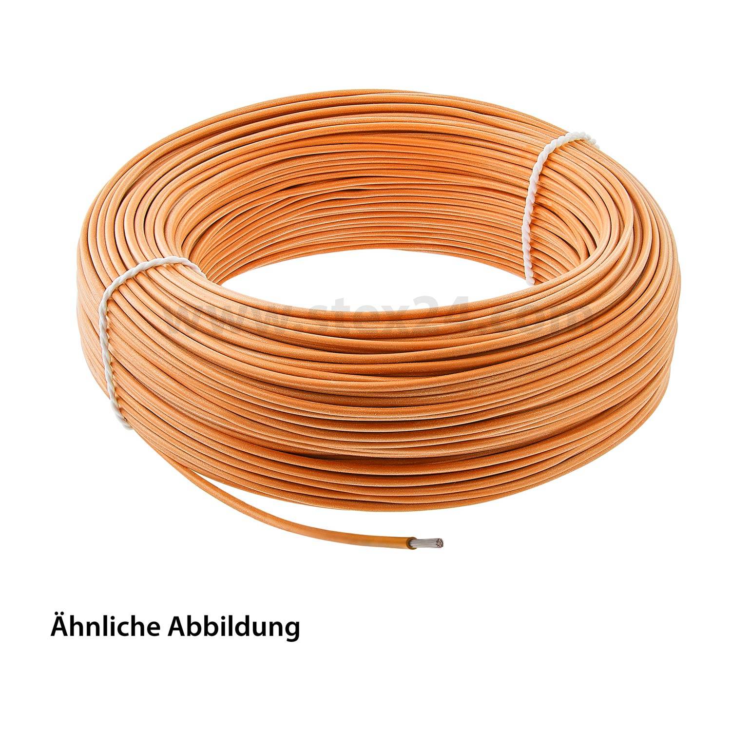Eine Spule aus orangefarbenem Elektrokabel ist ordentlich mit einer weißen Bindung zusammengebunden. Ein Ende des Kabels ist sichtbar. Der Text lautet 