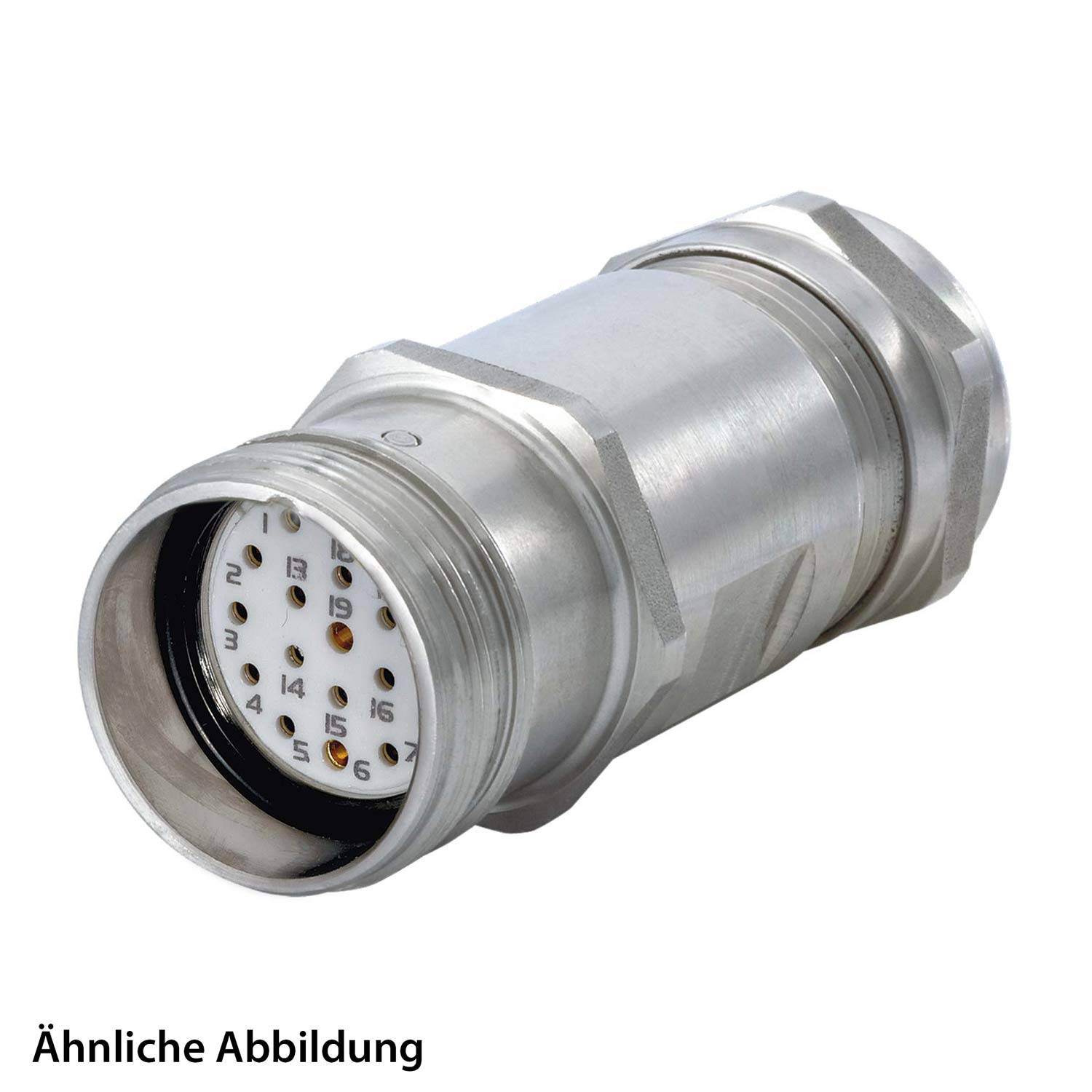Ein metallischer zylindrischer elektrischer Anschluss mit mehreren Pins, beschriftet mit Zahlen, wird gezeigt. Der Text 'Ähnliche Abbildung' bedeutet 'ähnliches Bild'.