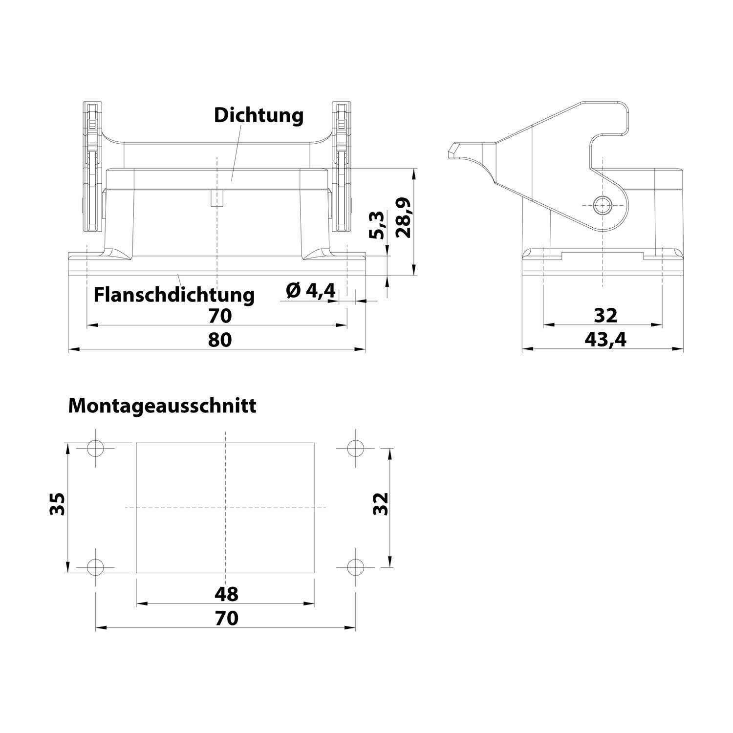 Technische Zeichnung eines Halters und einer Dichtung mit Maßen in Millimetern. Wichtige Messungen umfassen 'Dichtung Ø 4,4', 'Flanschdichtung 70-80' und Ausschnittsabmessungen '48-70'.