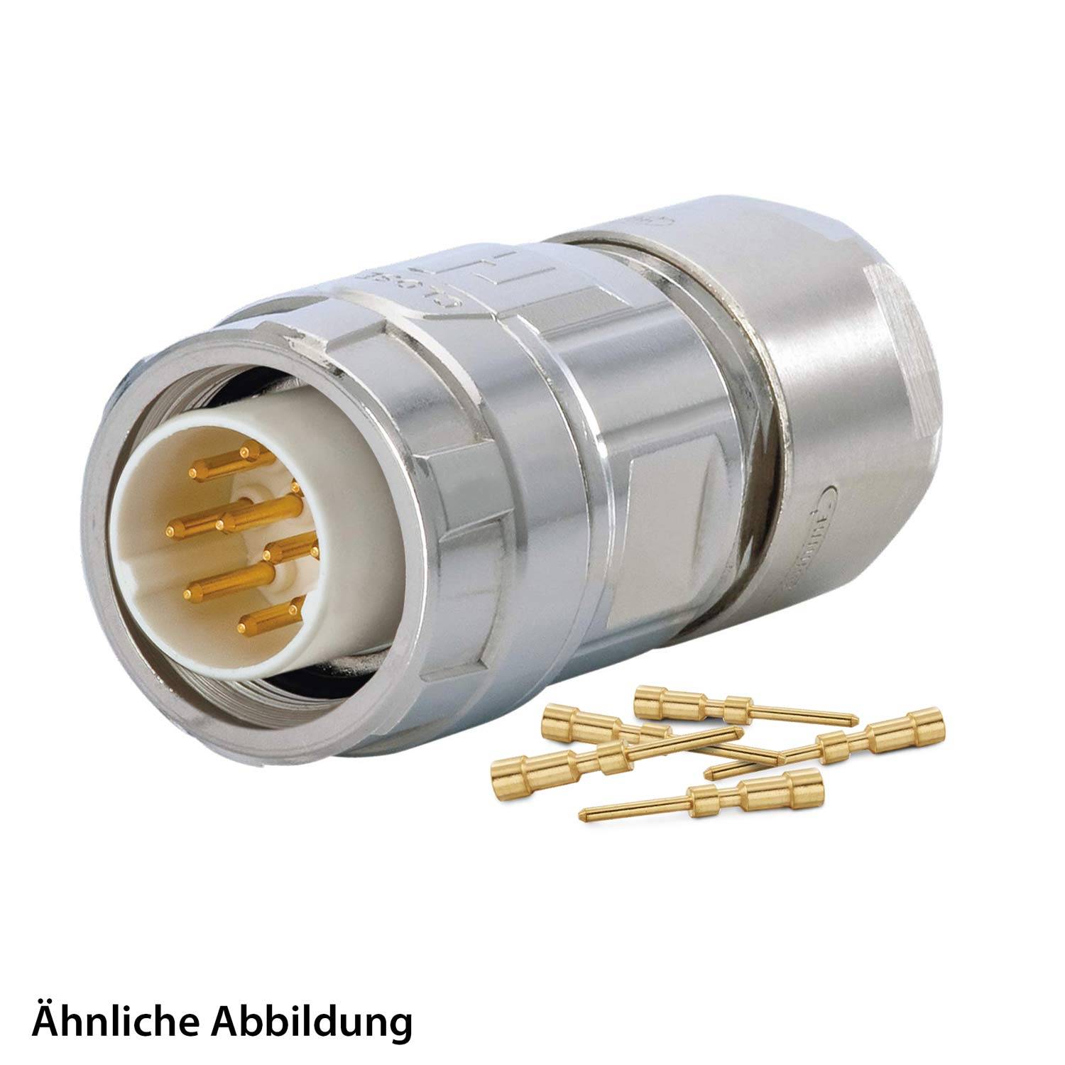 Ein silberner zylindrischer Anschluss mit mehreren goldenen Stiften und separaten goldenen Stiften daneben; als ähnliches Bild beschriftet.