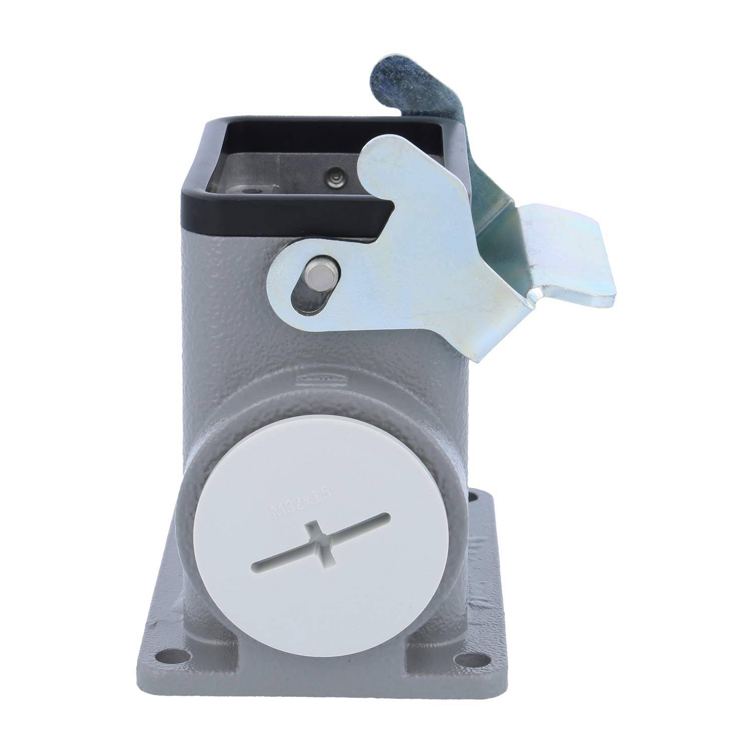 Eine Metallelektroinstallationsdose mit einem Klappdeckel und einem kreisförmigen weißen Deckel, entwickelt für sichere elektrische Verbindungen.