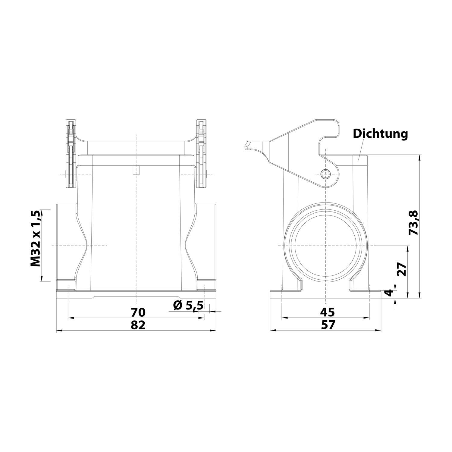 Technische Zeichnung einer mechanischen Komponente mit Seiten- und Frontansicht, inklusive Maßangaben. Beschriftete Merkmale: Dichtung, M3 x 1.5.