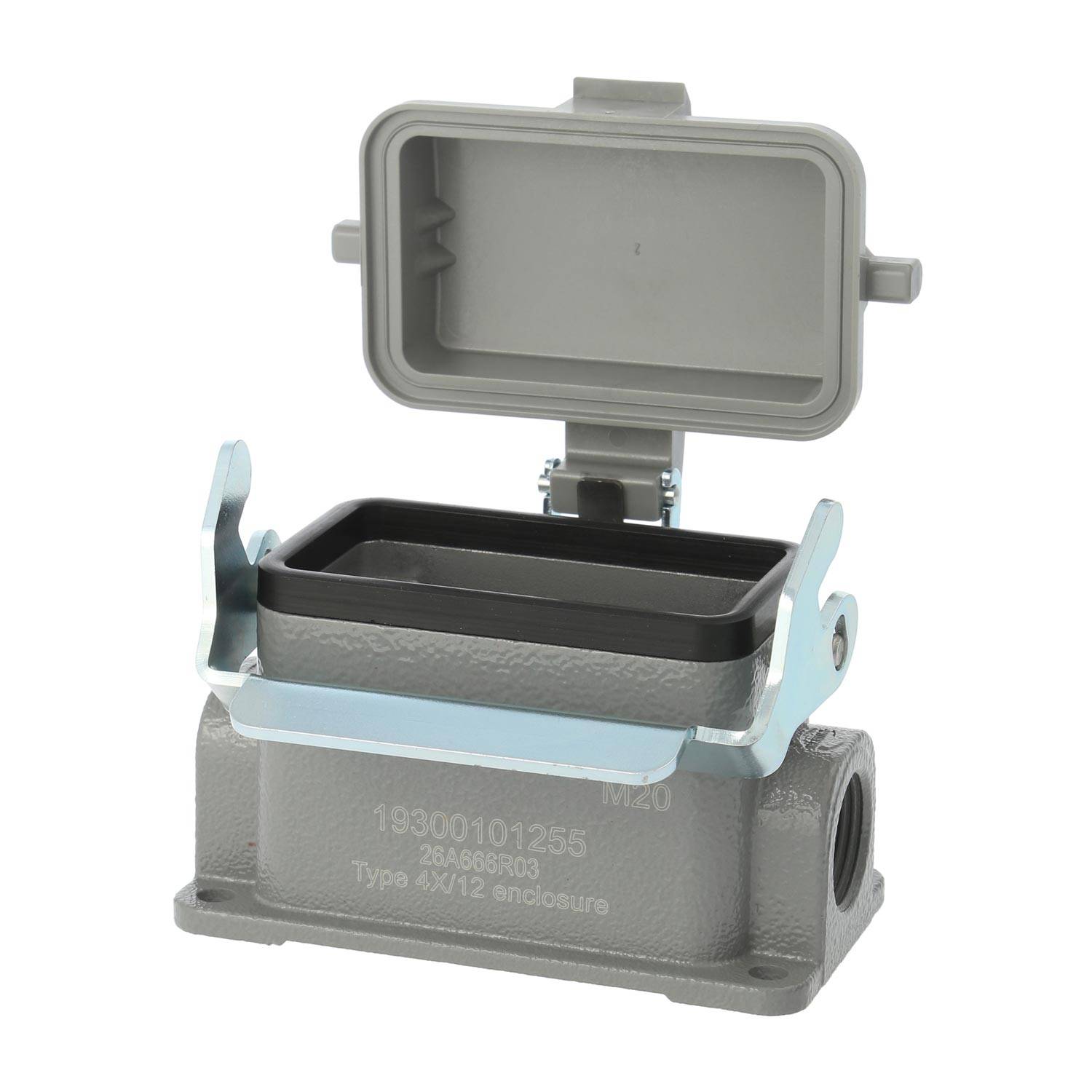 04300101256 HARTING Han 10B Sockelgehäuse niedrig, 1xPG16 seitlicher Kabelabgang, mit 1 Längsbügel mit Schutzkappe