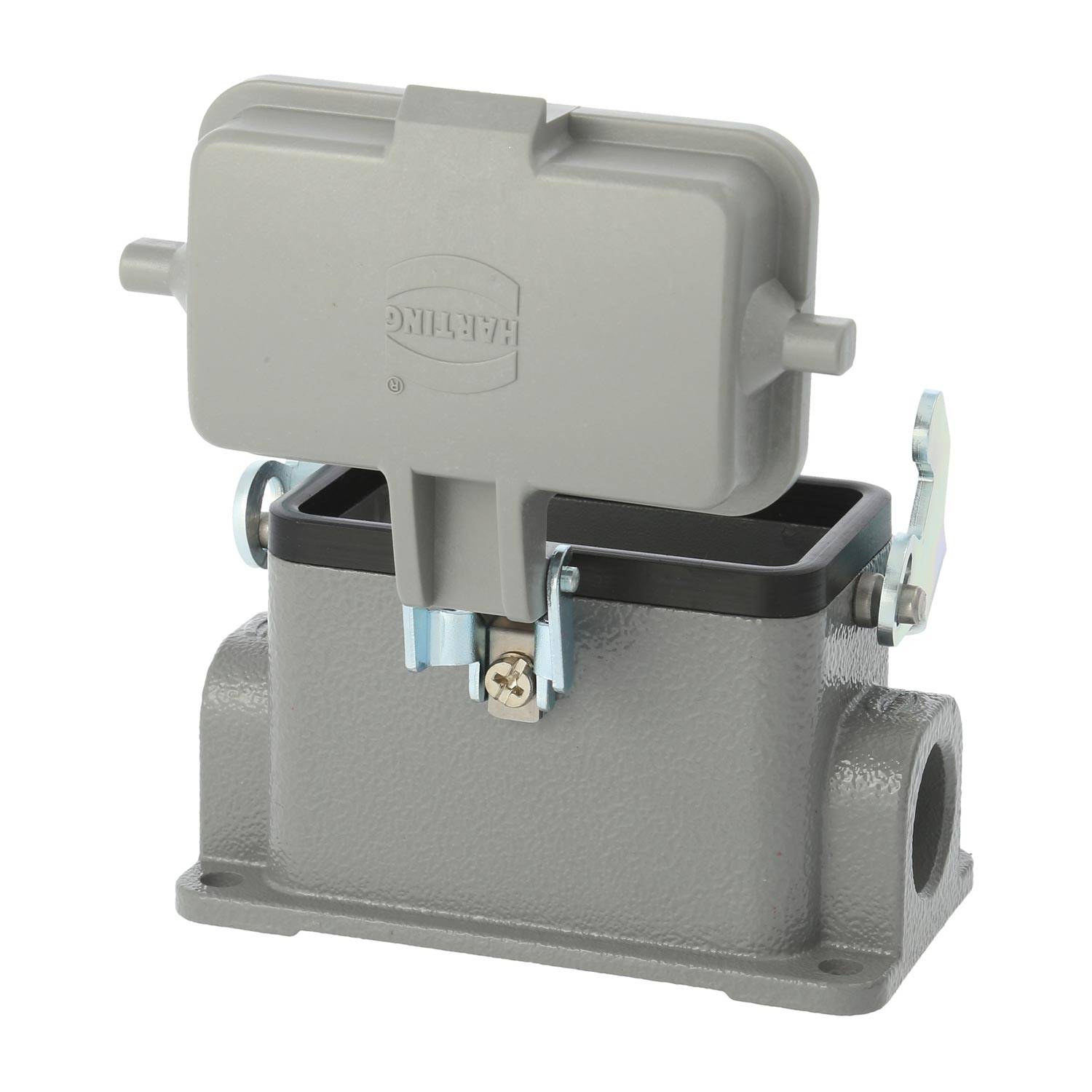 Ein graues industrielles Gehäuse für Steckdosen mit einem rechteckigen Deckel und seitlichen Scharnieren. Entwickelt für sichere elektrische Verbindungen.