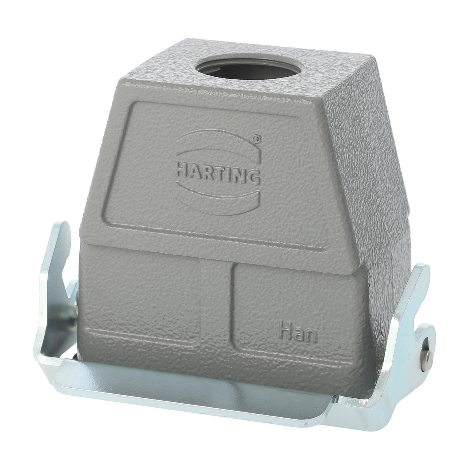 Ein grauer HARTING Hochleistungs-Steckverbindergehäuse mit Befestigungshalterung, geprägt mit 'Han', verwendet für robuste industrielle elektrische Verbindungen.