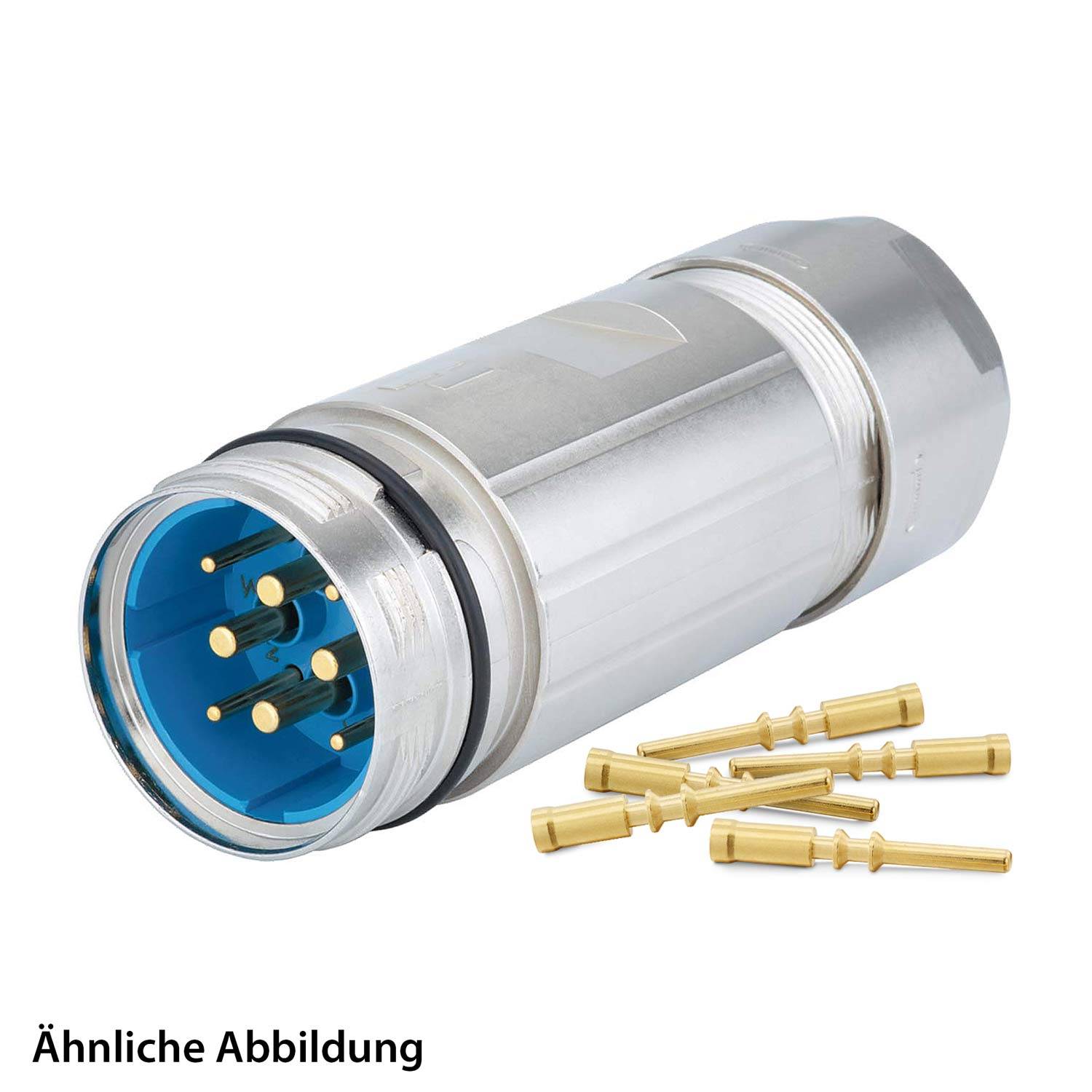Metallverbinder mit mehreren blauen Steckdosen, abnehmbare Goldpins daneben, auf weißem Hintergrund. Text unten liest sich ‚Ähnliche Abbildung'.