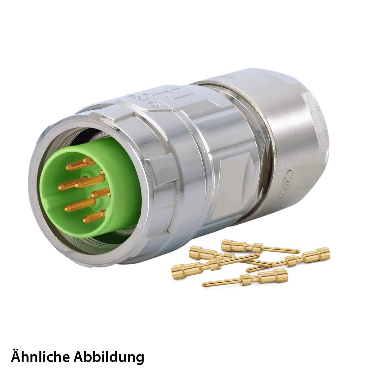 Ein silberner zylindrischer Elektroverbinder mit grünem Innenraum und fünf goldenen Kontaktstiften, dargestellt mit zusätzlichen losen goldenen Stiften daneben.