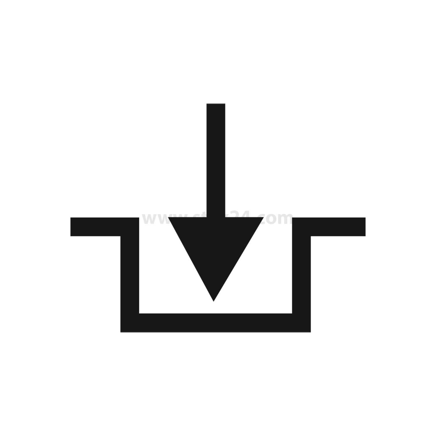 Symbol eines Pfeils nach unten in eine offene Box, meist als Symbol für ‚herunterladen' verwendet.