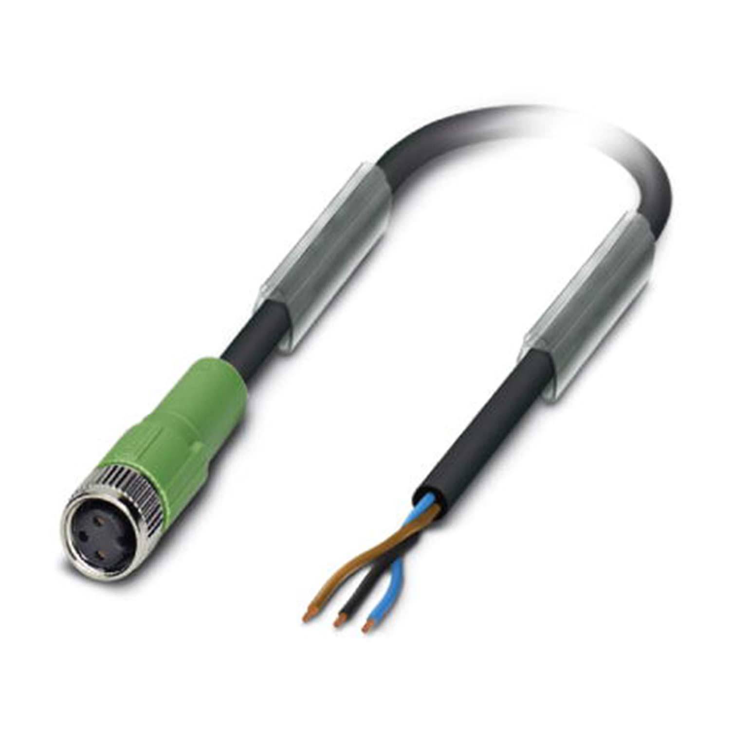 Ein schwarzes und grünes elektrisches Kabel mit freiliegenden Drähten, das an einem Ende einen kreisförmigen Anschluss aufweist.