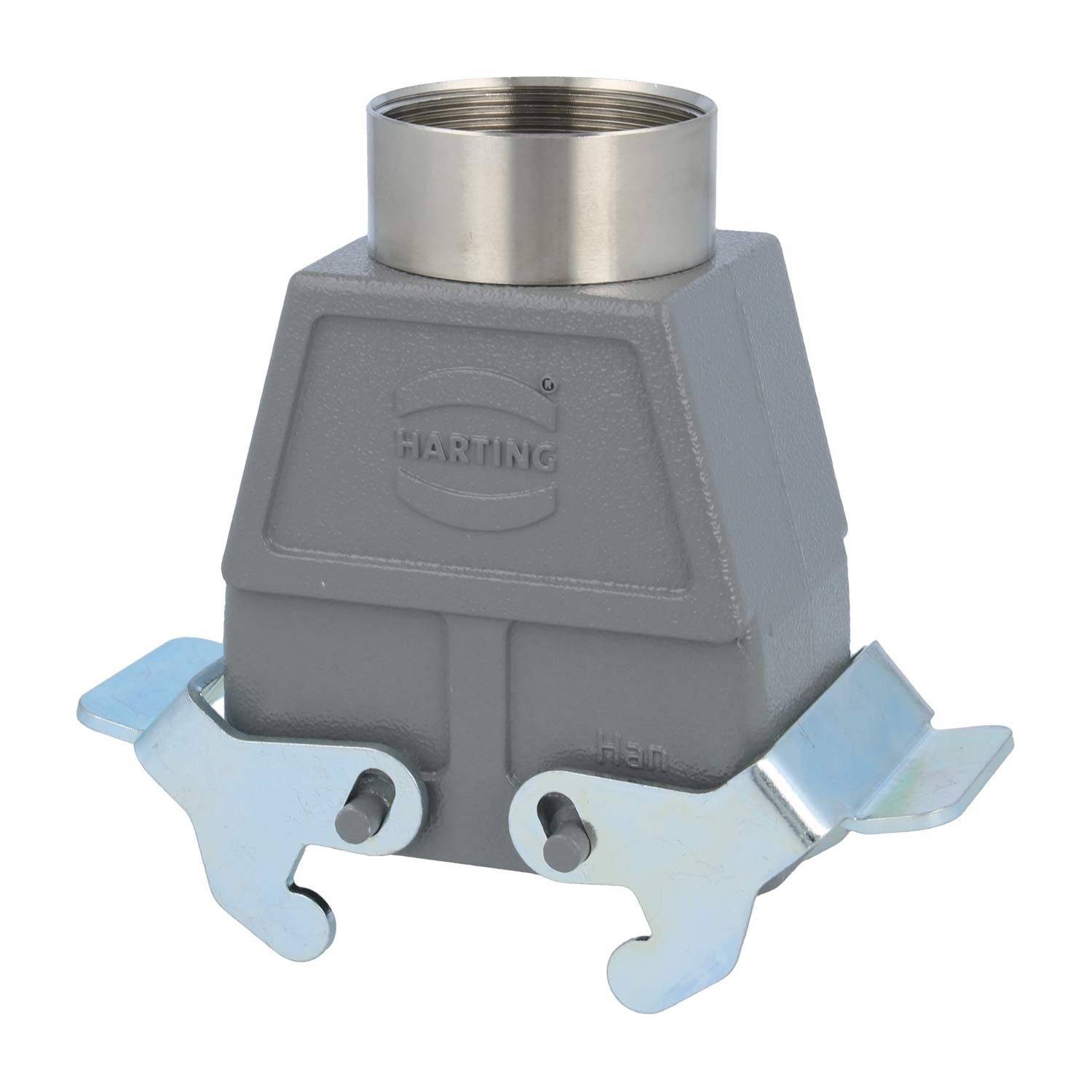 Metallisches industrielles Steckverbindergehäuse mit zwei seitlichen Verriegelungshebeln, zylindrischer Oberöffnung und auf der Vorderseite geprägtem Markenlogo.