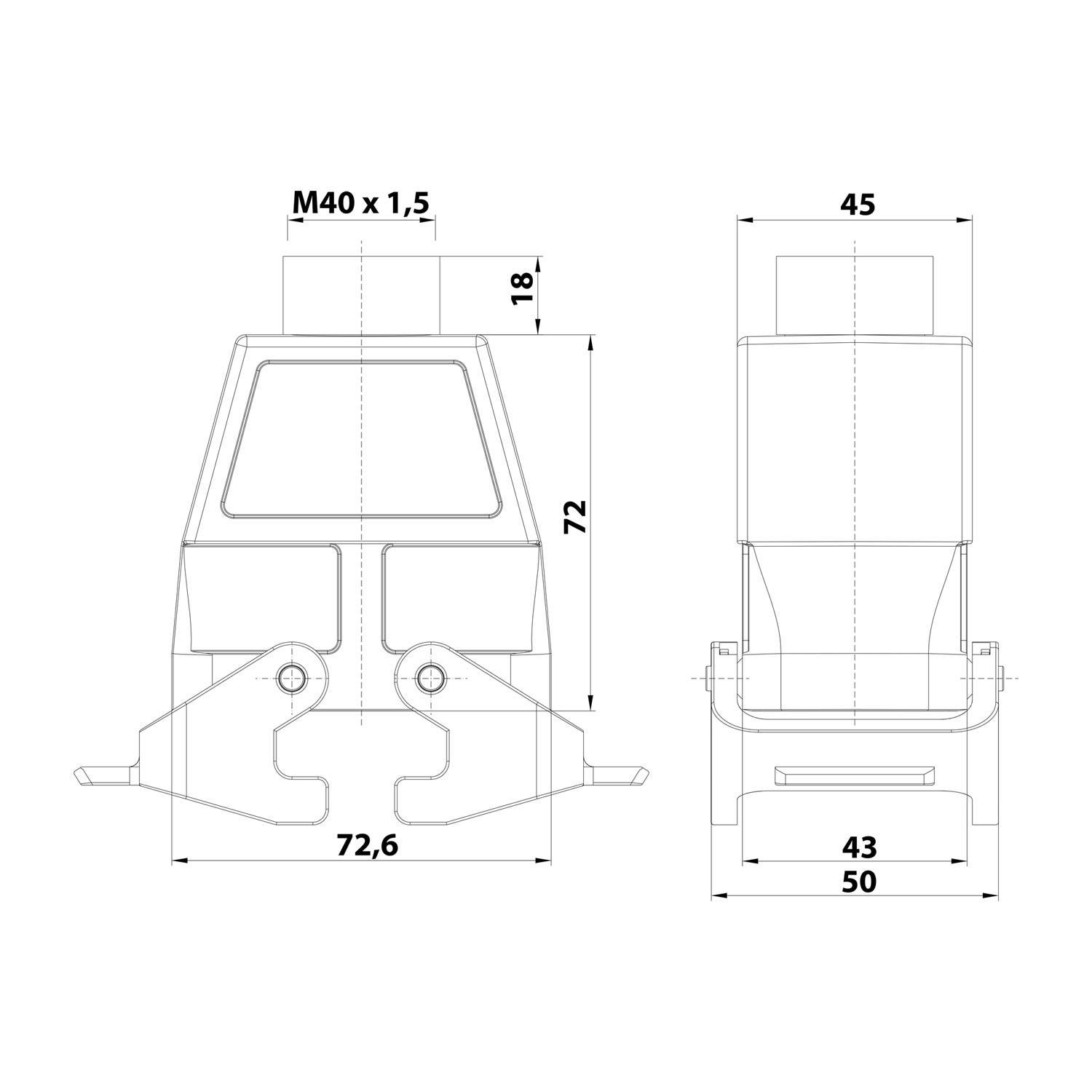 04300100466 HARTING Han 10B Tüllengehäuse hoch, 1xM40 gerader Kabelabgang, mit 2 Querbügeln Verschraubung M40