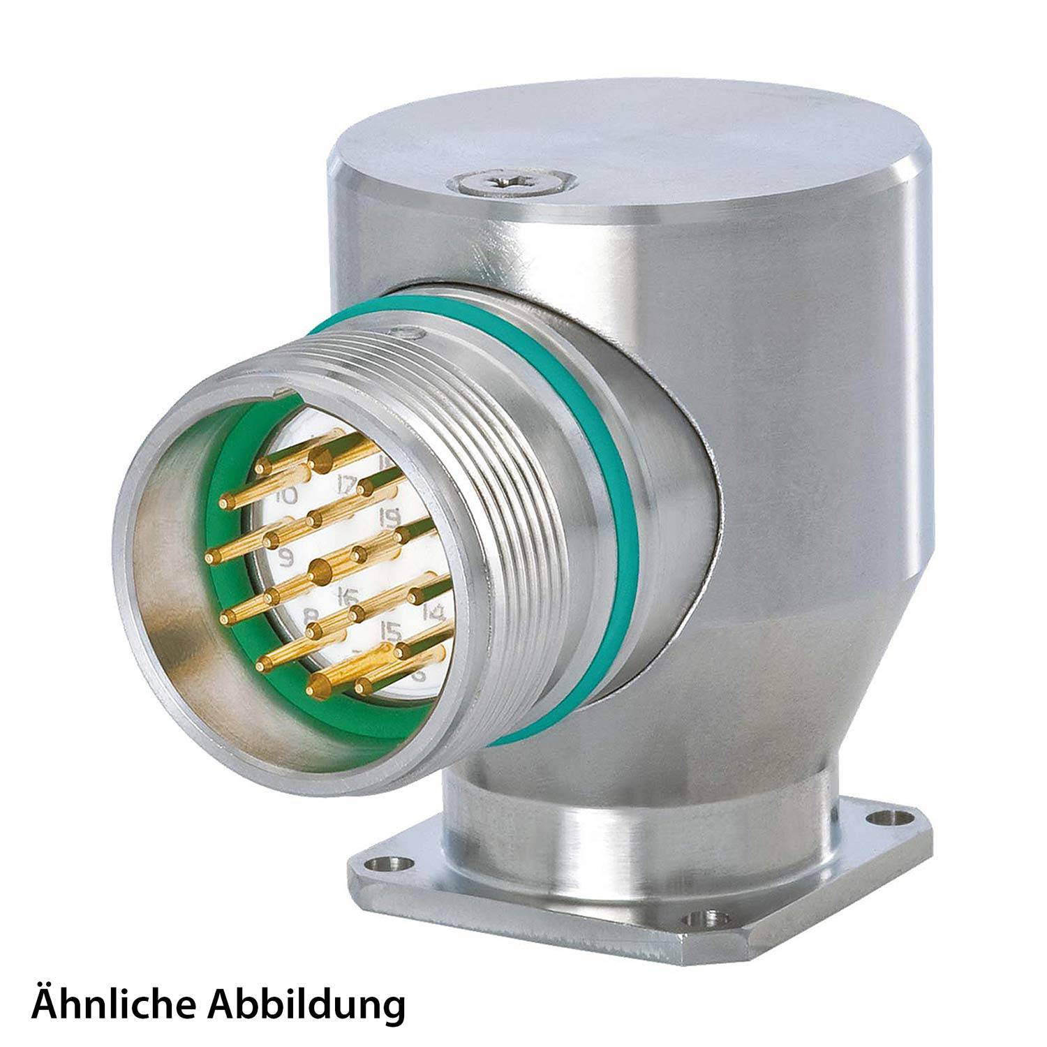 Ein Edelstahl-Rundsteckverbinder mit Goldstiften und einem grünen O-Ring, montiert auf einer flachen Basis.