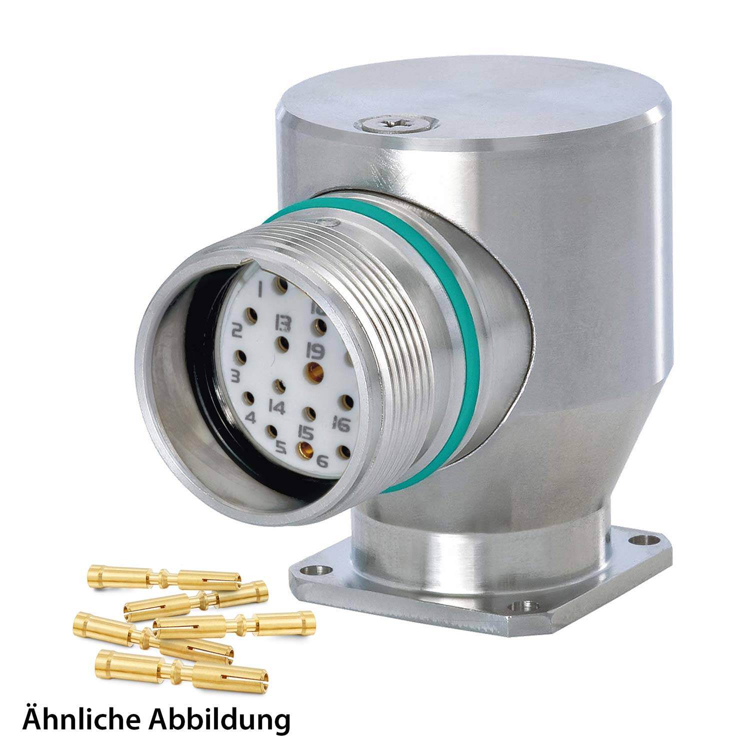 Ein metallischer zylindrischer Verbinder mit mehreren Pins, einem grünen Dichtungsring und herausnehmbaren Goldpins. Gekennzeichnet mit 'Ähnliche Abbildung'.