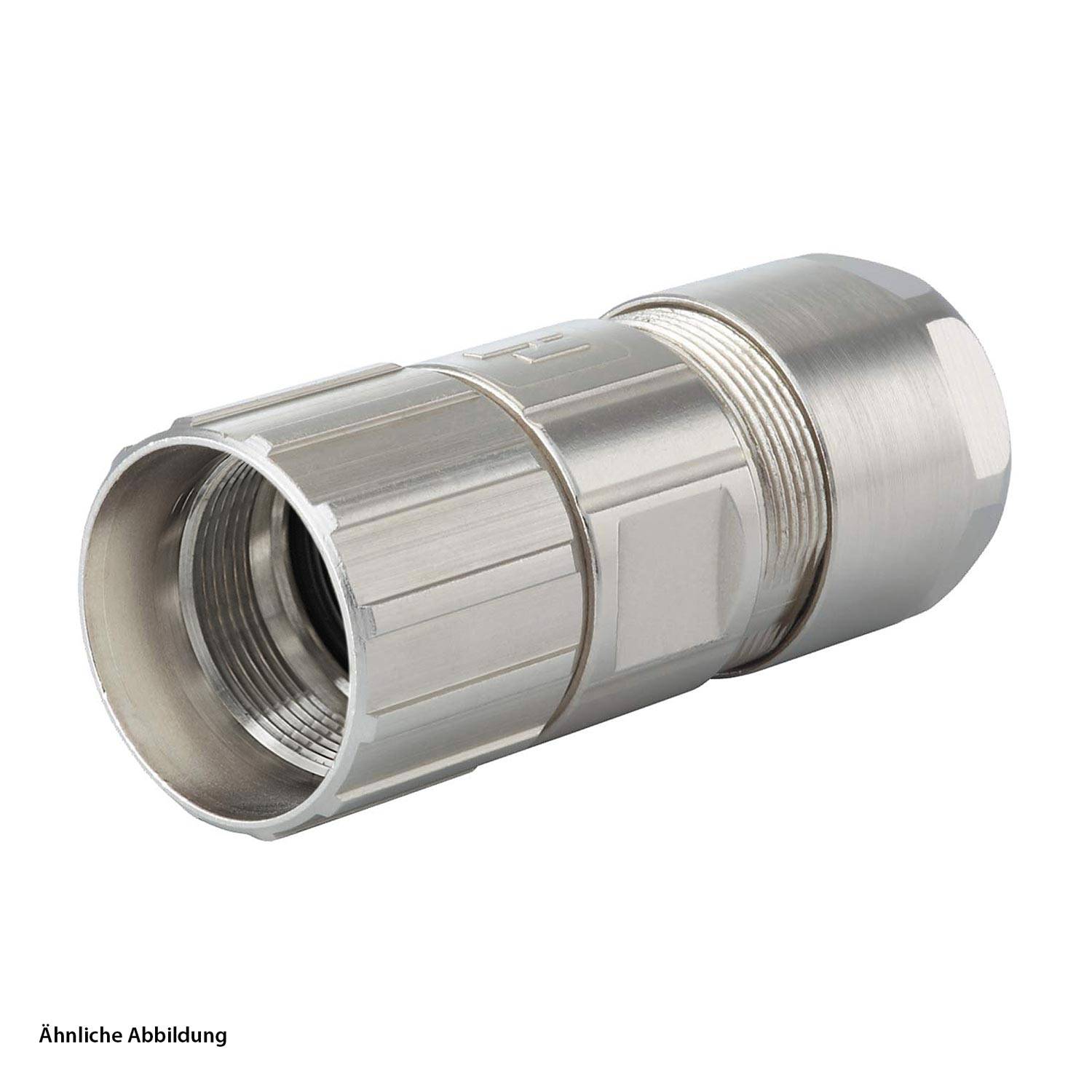 Ein metallischer Rohrverbinder mit Gewindeenden, der zum Sichern von Kabeln entwickelt wurde. Er hat eine glänzende, glatte Oberfläche, die auf Haltbarkeit hinweist.