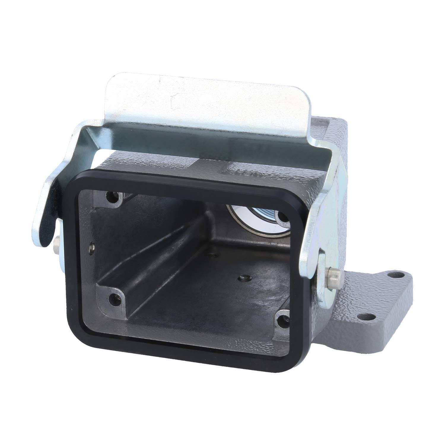 Metallisches Montagebracket mit rechteckigem offenen Rahmen, ausgestattet mit Befestigungslöchern zur Befestigung und einer metallischen Oberfläche, die für industrielle Anwendungen geeignet ist.