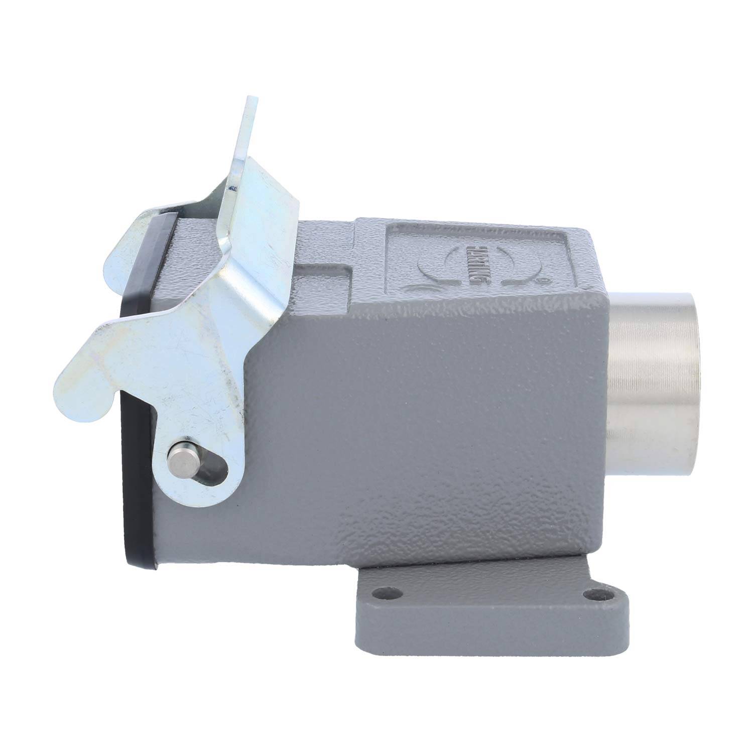 Ein grauer industrieller Endschalter mit einem Metallhebel an der Seite, montiert auf einer flachen Basis.