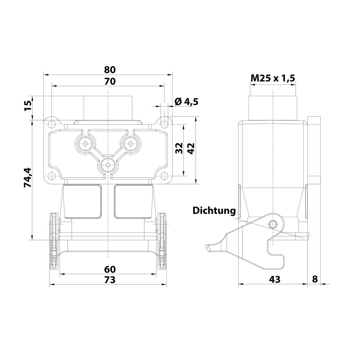 Eine technische Zeichnung einer mechanischen Komponente mit in Millimetern beschrifteten Abmessungen. Wichtige Messungen umfassen Breiten von 80, 70 und 60 mm sowie eine Höhe von 74,4 mm.