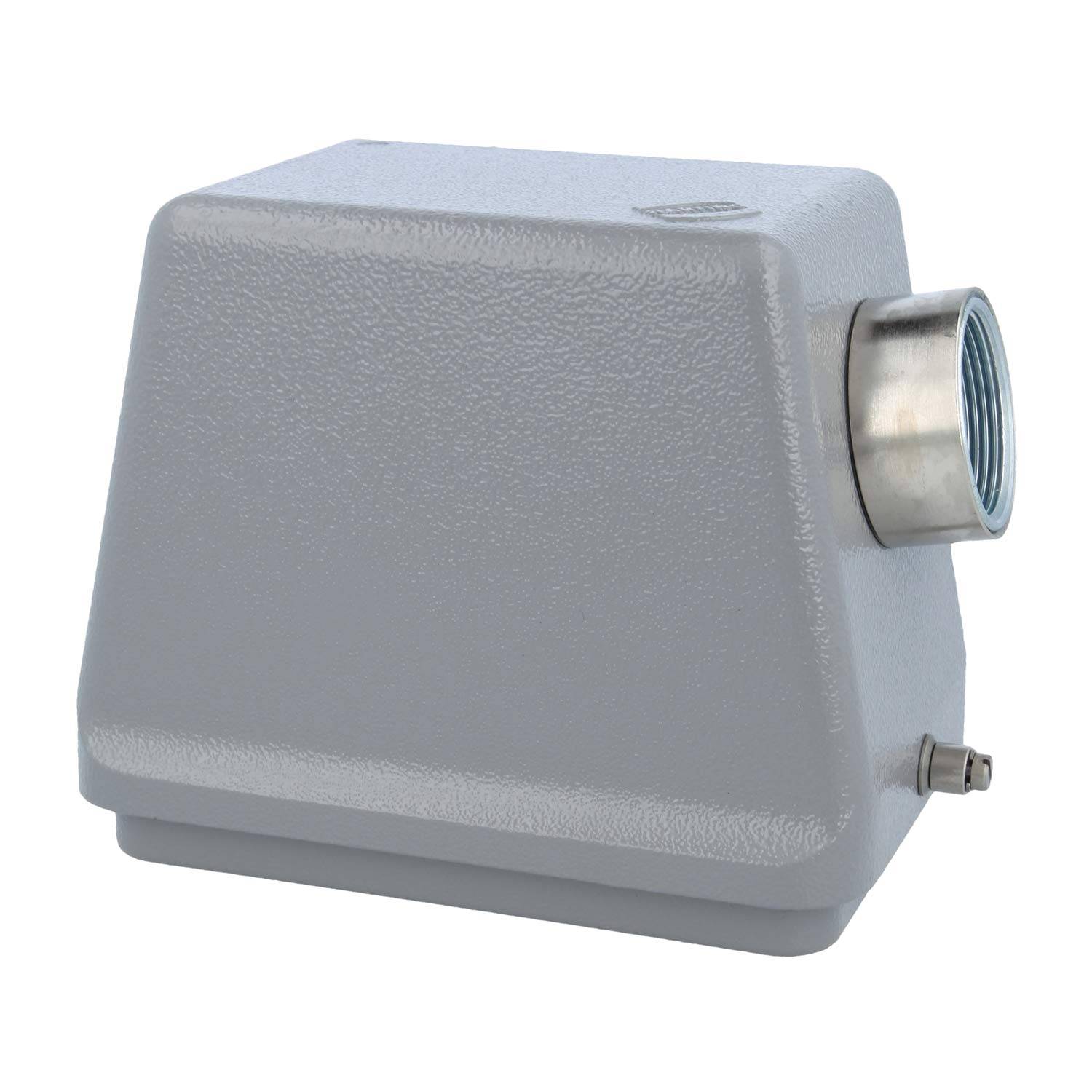 Ein grauer, rechteckiger industrieller Anschlussgehäuse mit einer zylindrischen Metallfassung an der Seite.