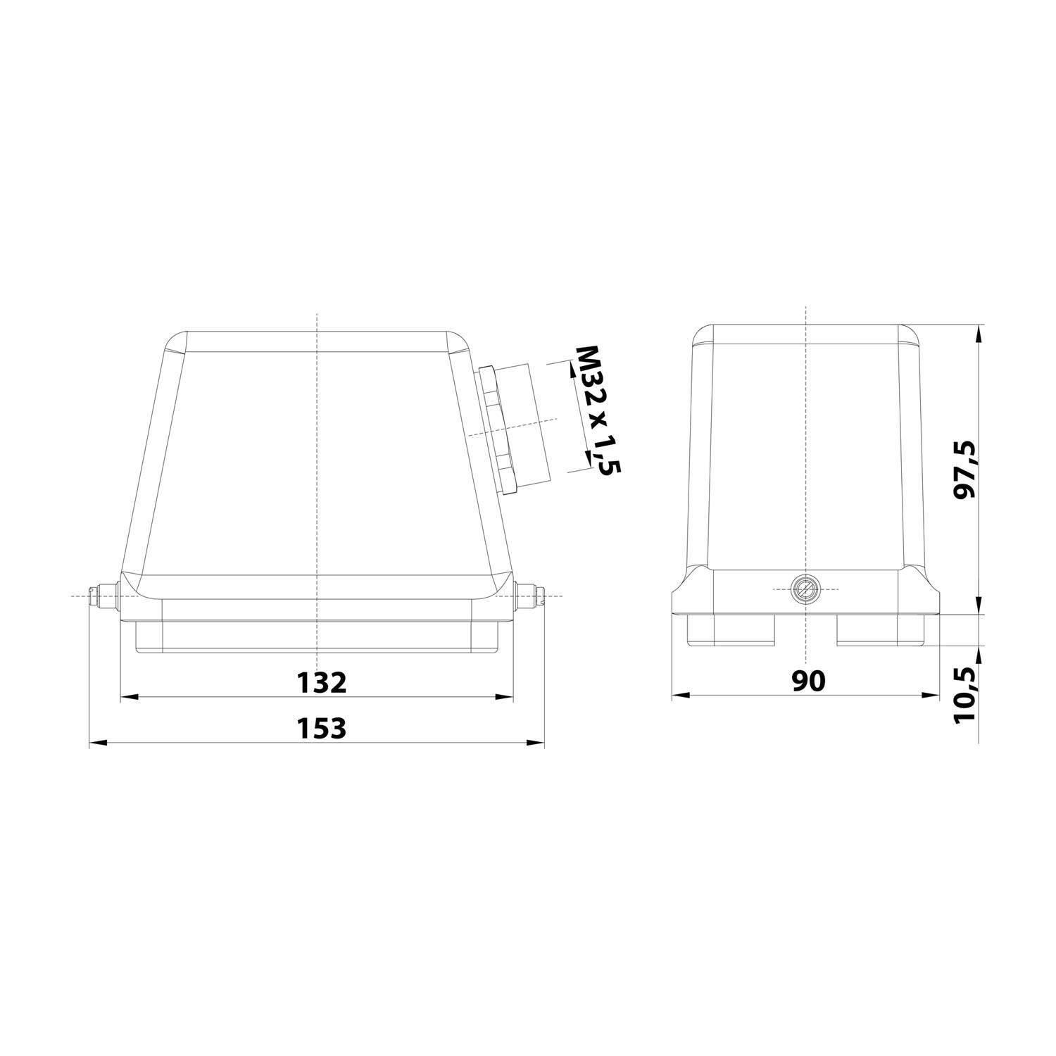 05300480560 HARTING Han 48B Tüllengehäuse hoch, 1xM32 seitlicher Kabelabgang, für 1 Bügel (am Unterteil) Verschraubung