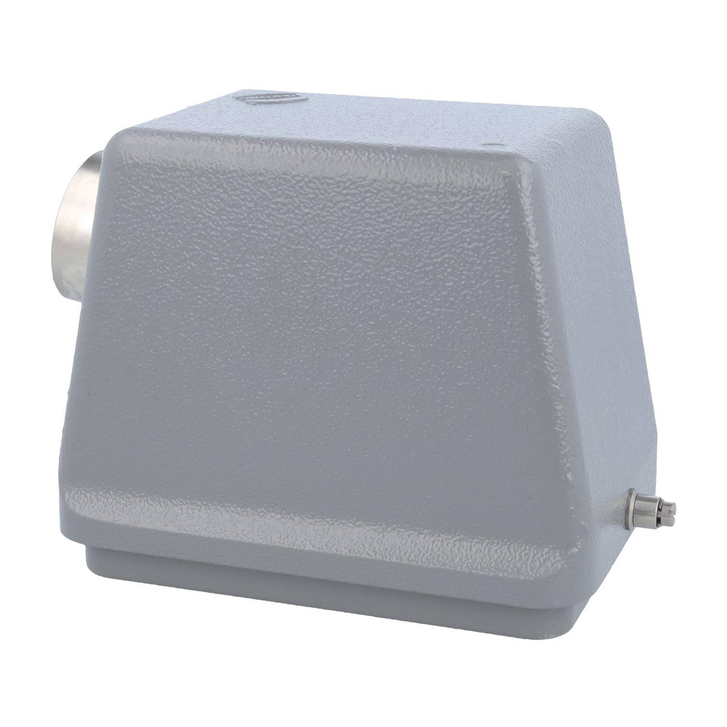 Rechteckiges graues Metallgehäuse mit einer zylindrischen Öffnung an einer Seite, wahrscheinlich eine industrielle oder mechanische Komponente.