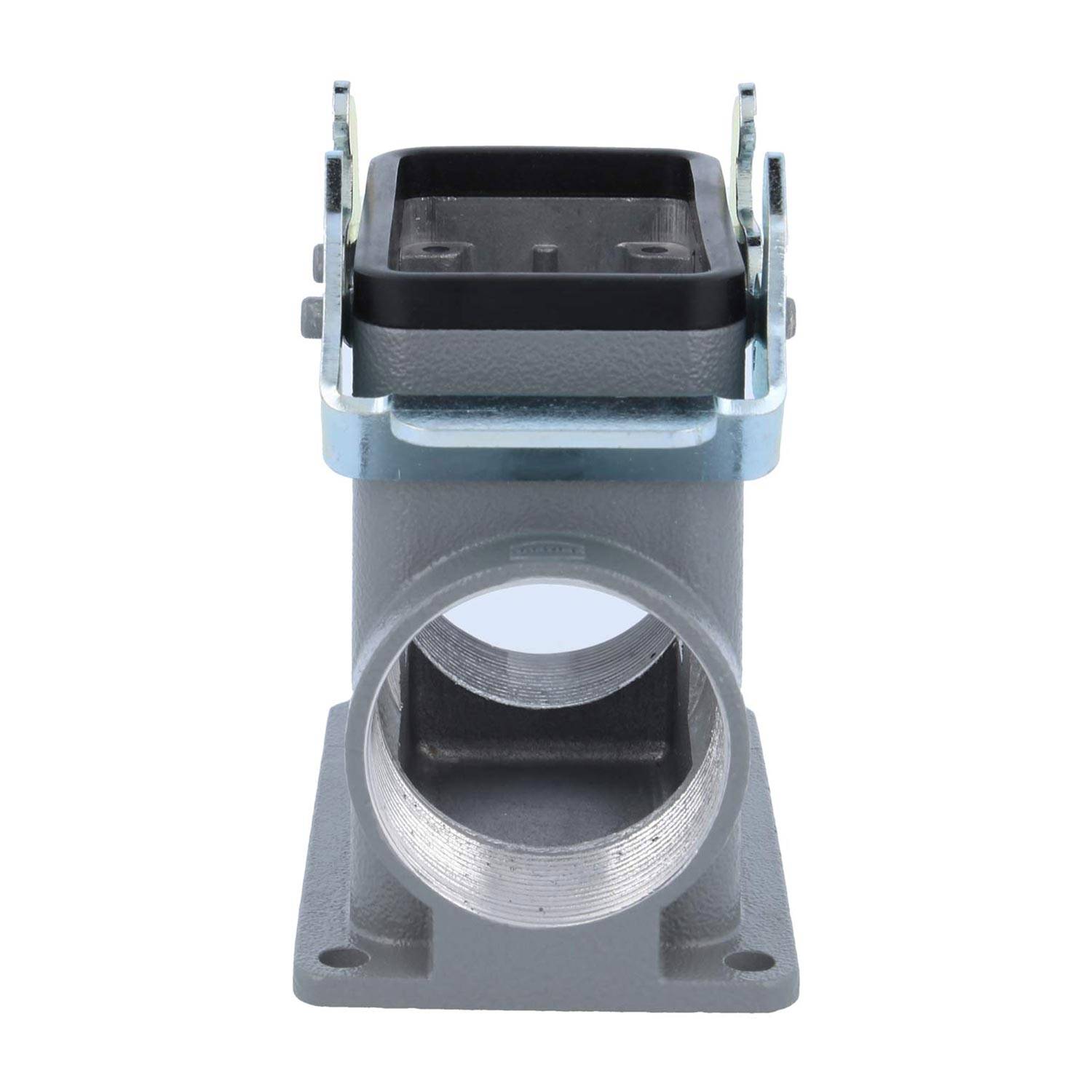 Ein grauer industrieller Montagehalter mit einer rechteckigen oberen Öffnung und kreisförmiger Basis, der für strukturelle Unterstützung oder Gerätegehäuse konzipiert ist.