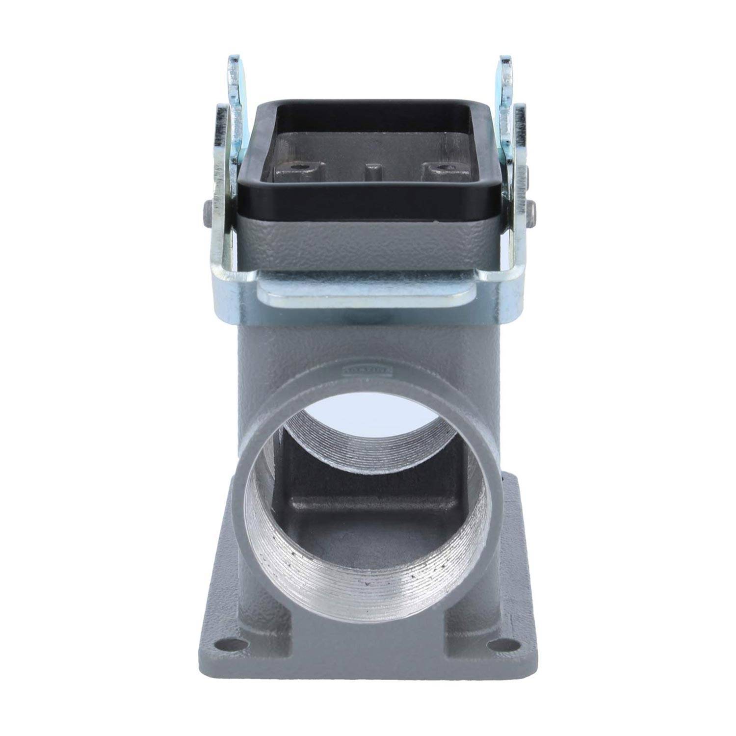 Ein zylindrischer Metallrohrmontagehalter mit einem rechteckigen schwarzen Deckel oben und einer Befestigungsbasis, verwendet in elektrischen oder Rohrleitungssystemen.