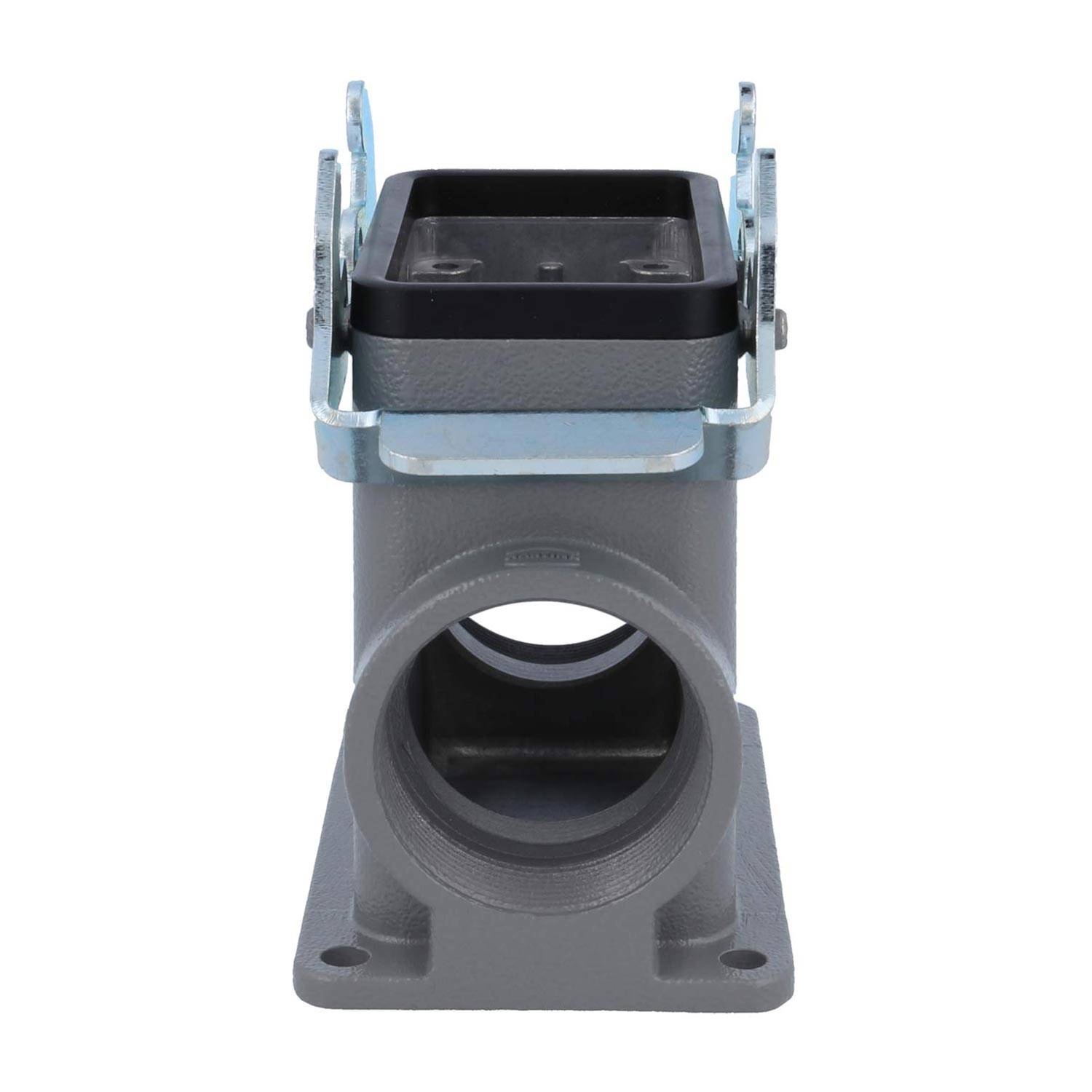 Ein rechteckiges Metallgehäuse mit einer kreisförmigen Öffnung, vertikal auf einer flachen Basis montiert, wahrscheinlich für elektrische Anschlüsse oder Einhausungen verwendet.