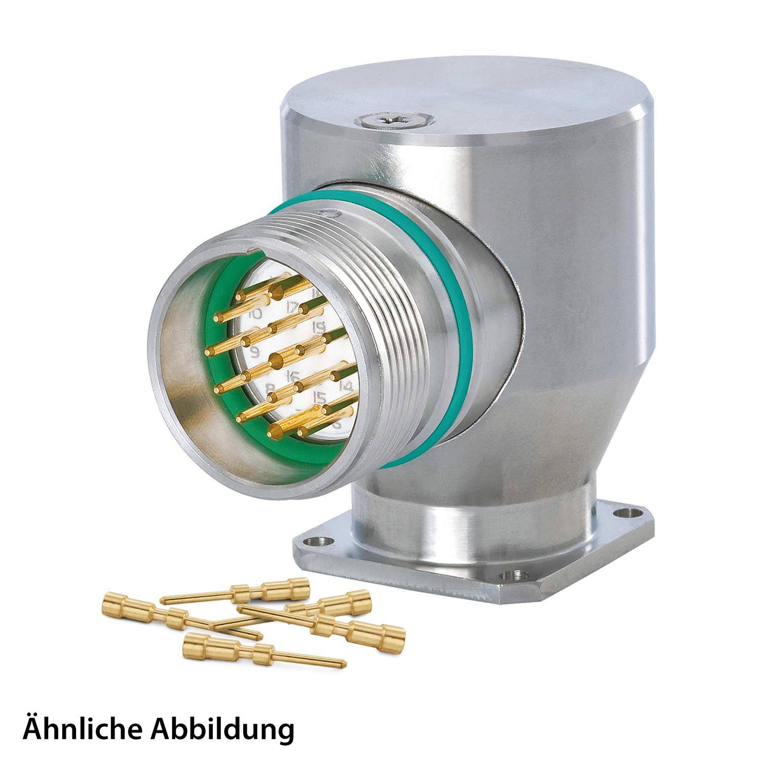 Ein zylindrischer Metallverbinder mit mehreren Pins und einer Montagebasis; zusätzlich separat dargestellte Goldpins. Text lautet: Ähnliche Abbildung.