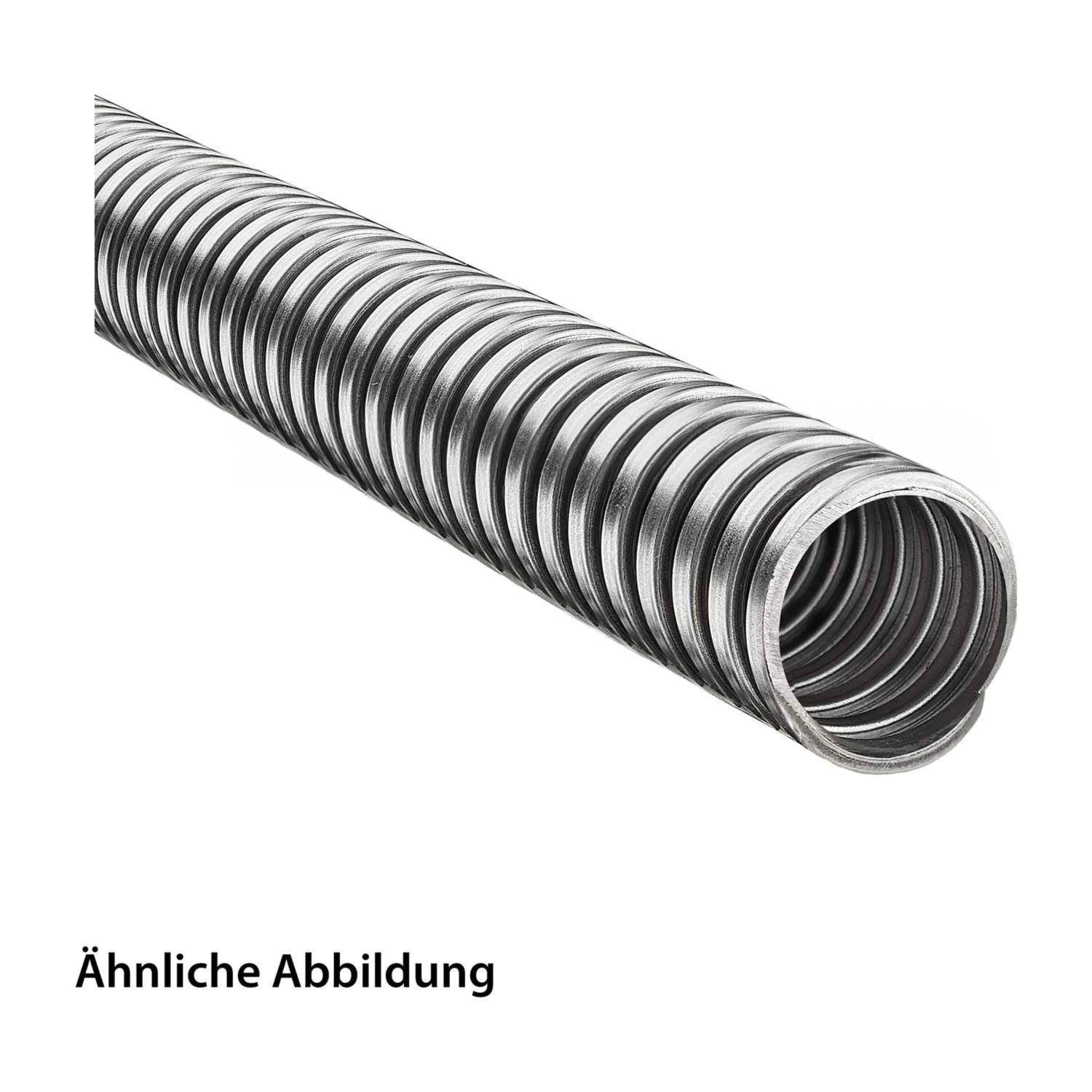 Ein gewickelter Metallschlauch, von der Seite gezeigt, mit einer flexiblen, gewellten Oberfläche. Text liest sich 