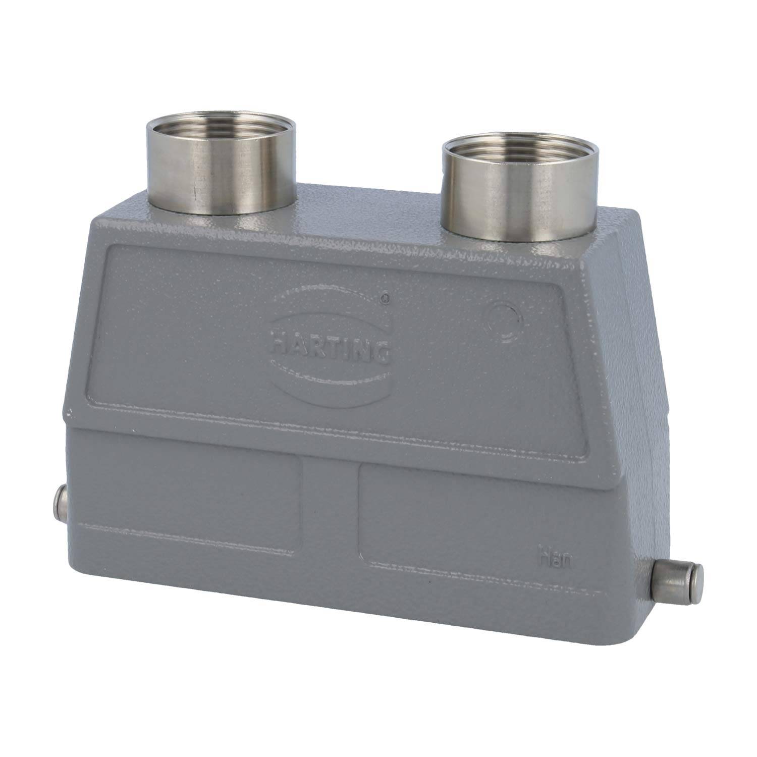 Ein grauer Harting-Industrieverbinder mit zwei kreisrunden Metalleingängen an der Oberseite, der für sichere elektrische Verbindungen in industriellen Umgebungen verwendet wird.