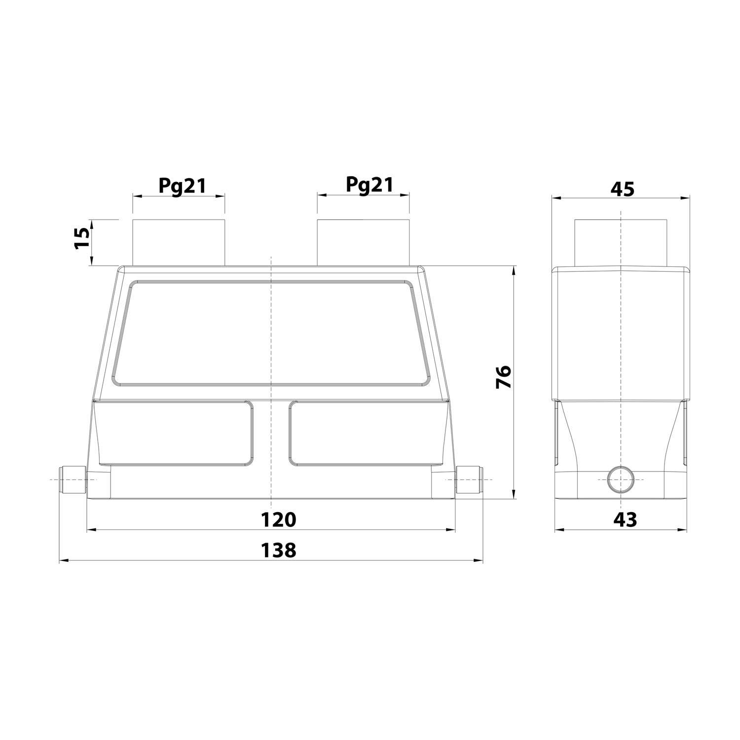 Technische Zeichnung eines rechteckigen elektrischen Gehäuses. Abmessungen: 138 mm Breite, 76 mm Höhe, 43 mm Tiefe, Öffnungen mit Pg21 beschriftet.