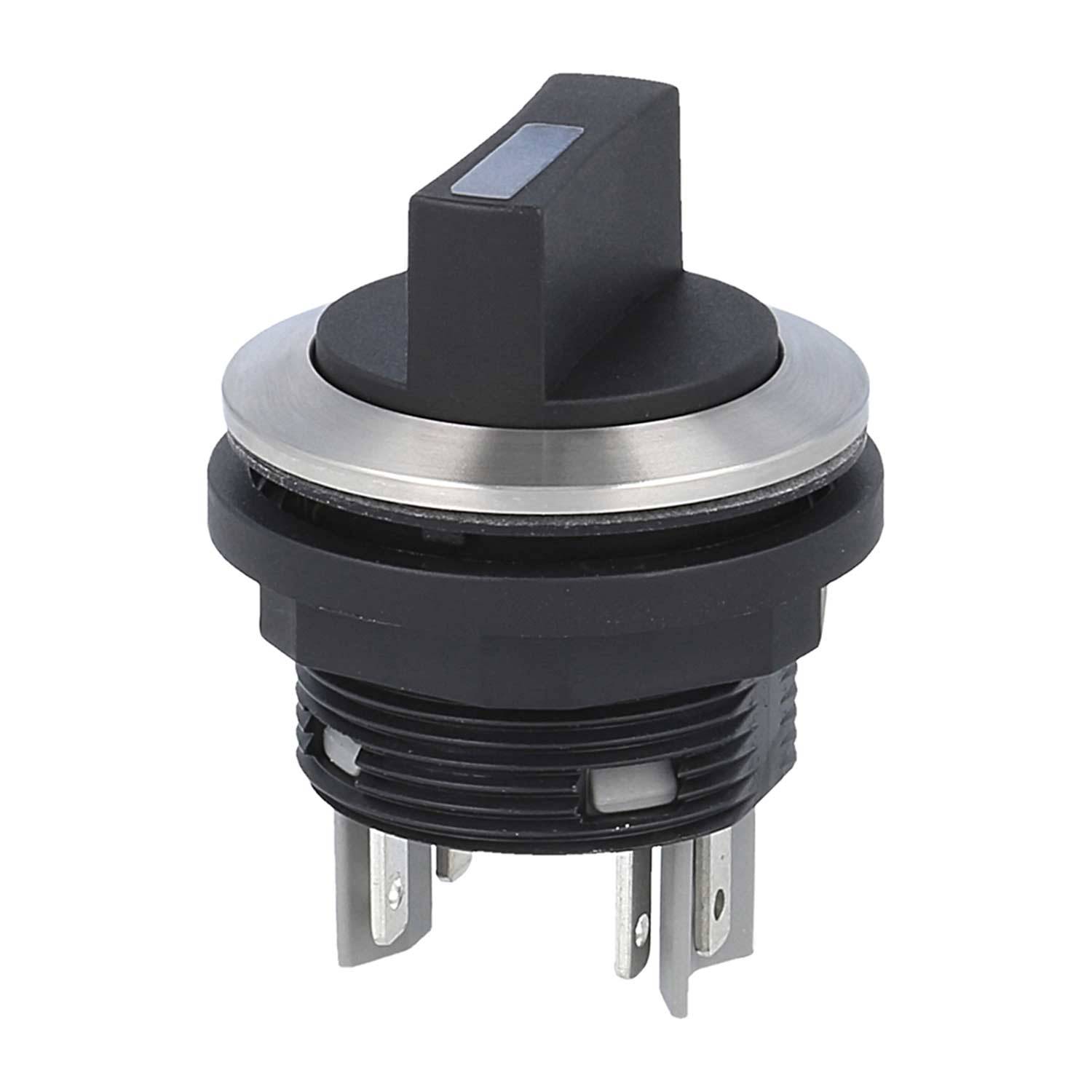 Ein runder, schwarzer Drehschalter mit silberner Einfassung und vier Metallstiften an der Basis, konzipiert für elektronische Geräte oder Maschinensteuerung.