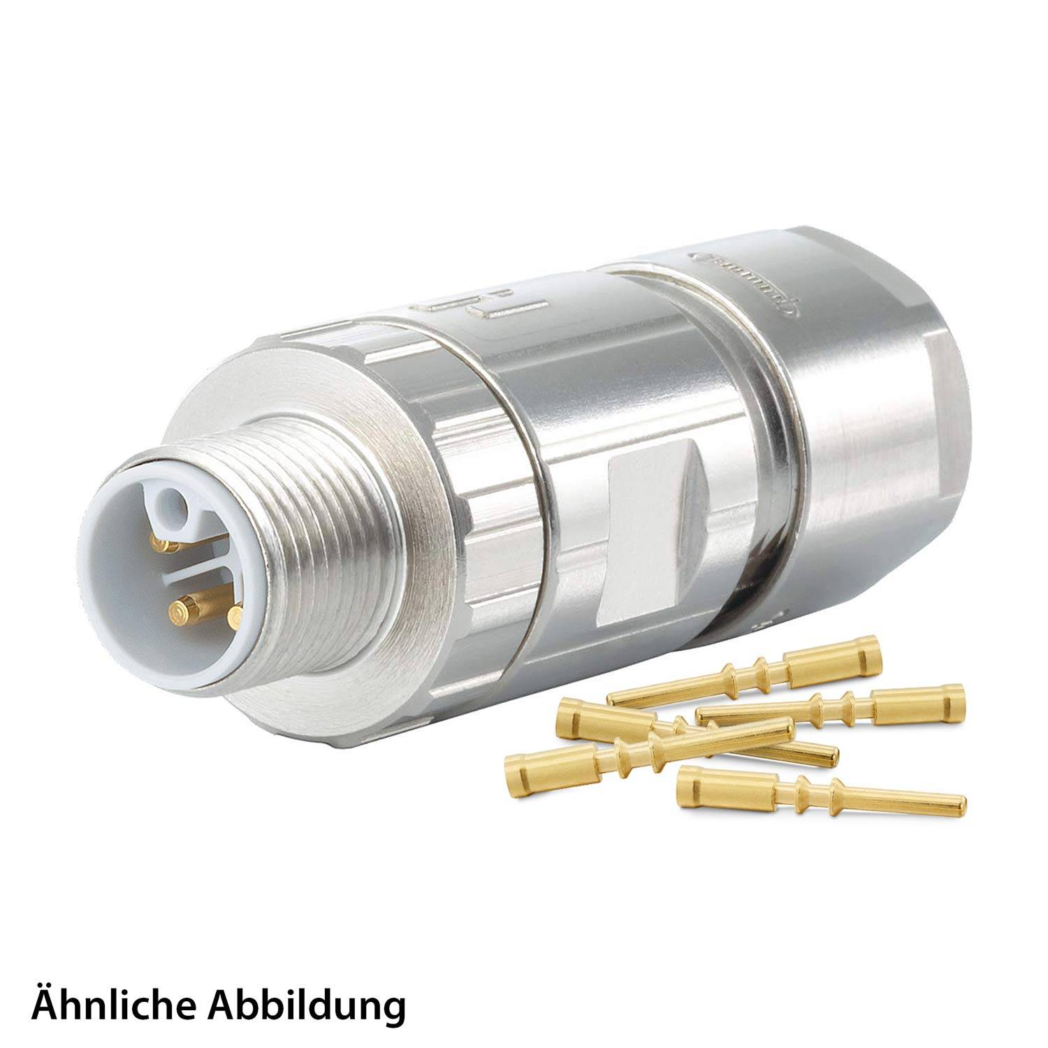 Ein metallischer zylindrischer Anschluss mit sichtbaren Innenpins, begleitet von mehreren losen Goldpins.