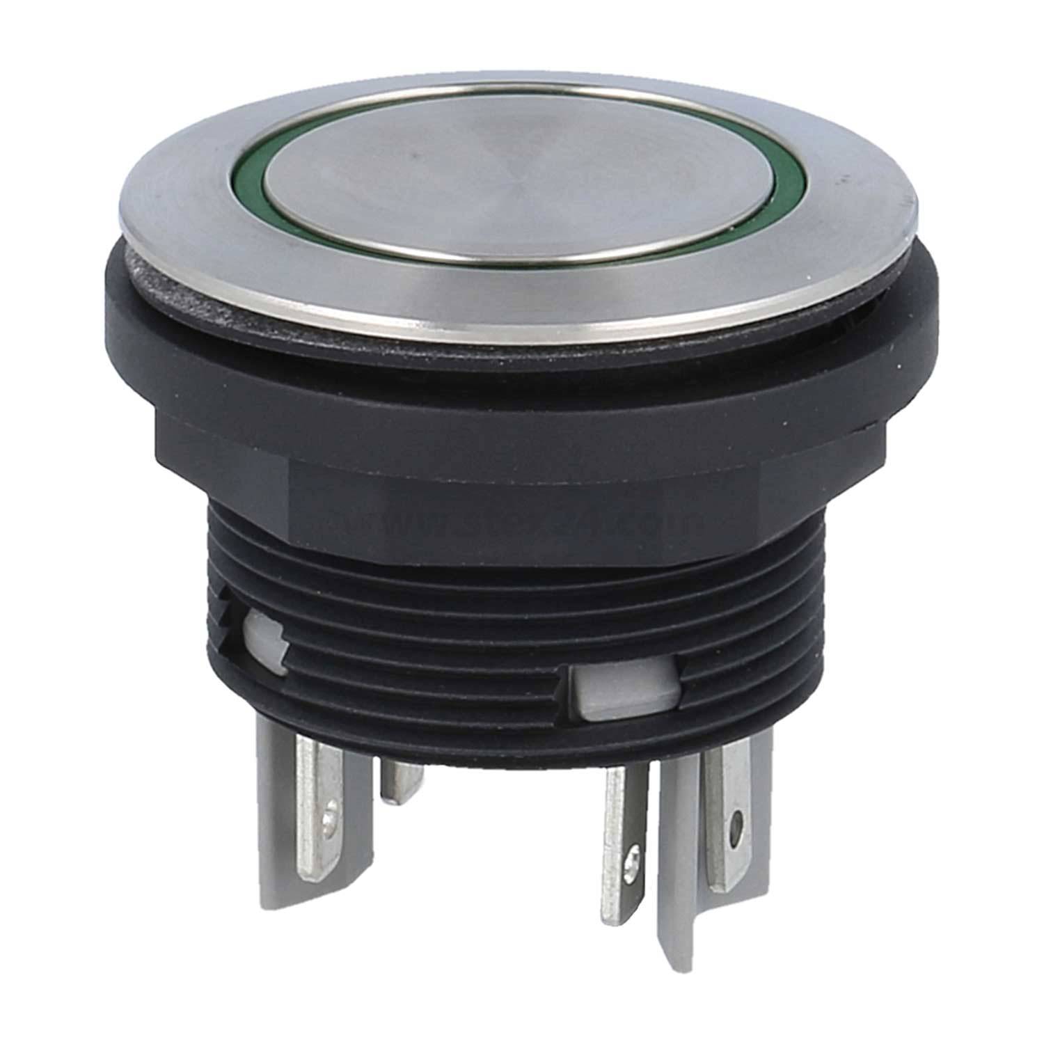 Runder silberner Druckschalter mit schwarzer Basis und drei Metallkontakten