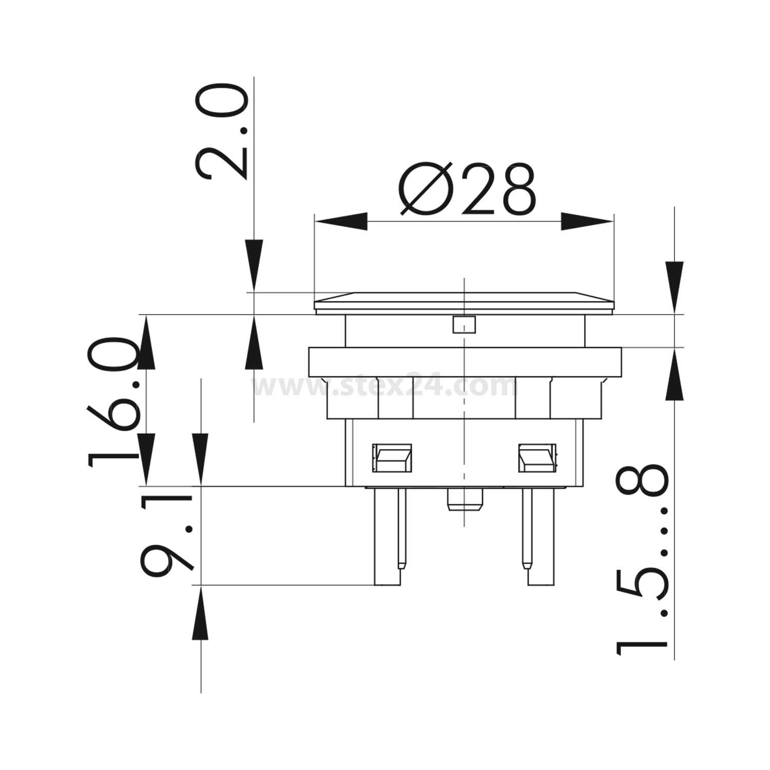 Technische Zeichnung einer runden Komponente mit Abmessungen: Durchmesser 28 mm, Höhe 2 mm, Höhe des unteren Abschnitts 16 mm, Stiftlänge 9,1 mm, Basisbasisdicke 1,5 bis 8 mm.