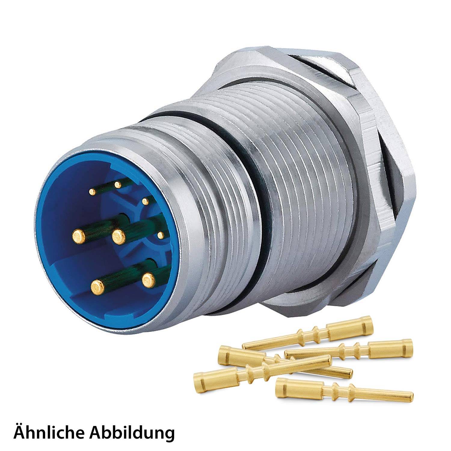 Ein metallischer kreisförmiger elektrischer Steckverbinder mit fünf goldenen Kontakten, der häufig in industriellen Anwendungen verwendet wird, liegt neben mehreren losen Pins.