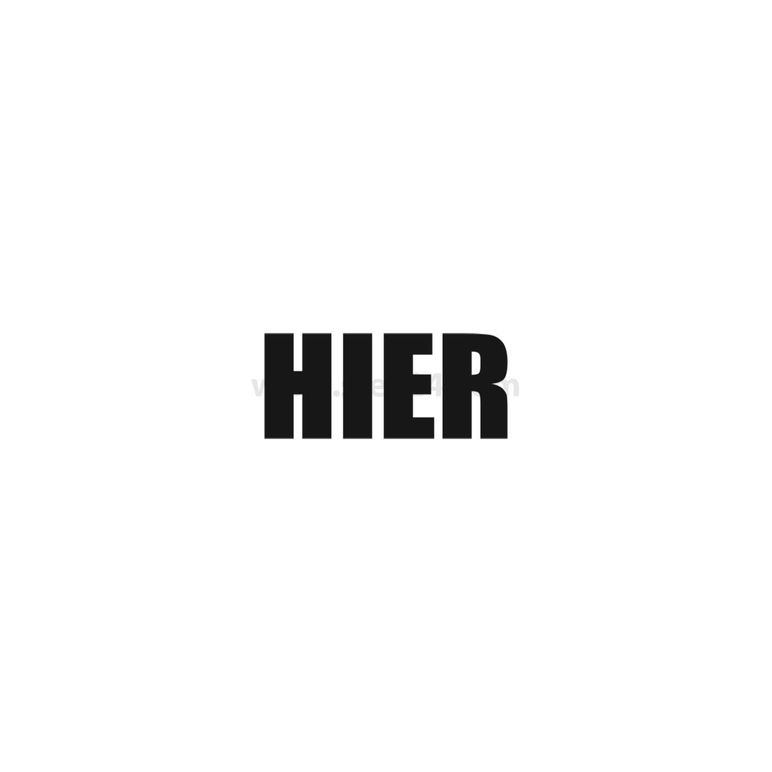 Das Bild zeigt das Wort 'HIER' in fetter schwarzer Schrift, zentriert auf einem einfarbigen weißen Hintergrund.