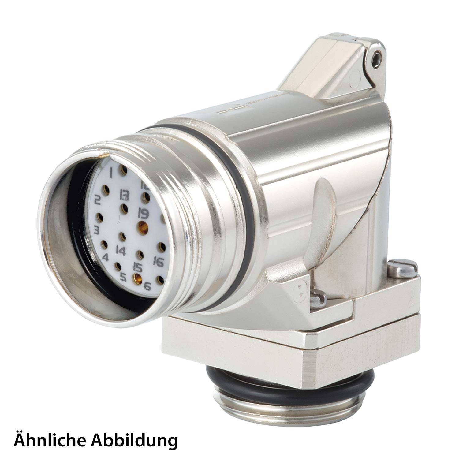 Ein silberner industrieller Verbinder mit mehreren Buchsenpins, von 1 bis 6 beschriftet, verwendet für Energie- oder Datenübertragung.